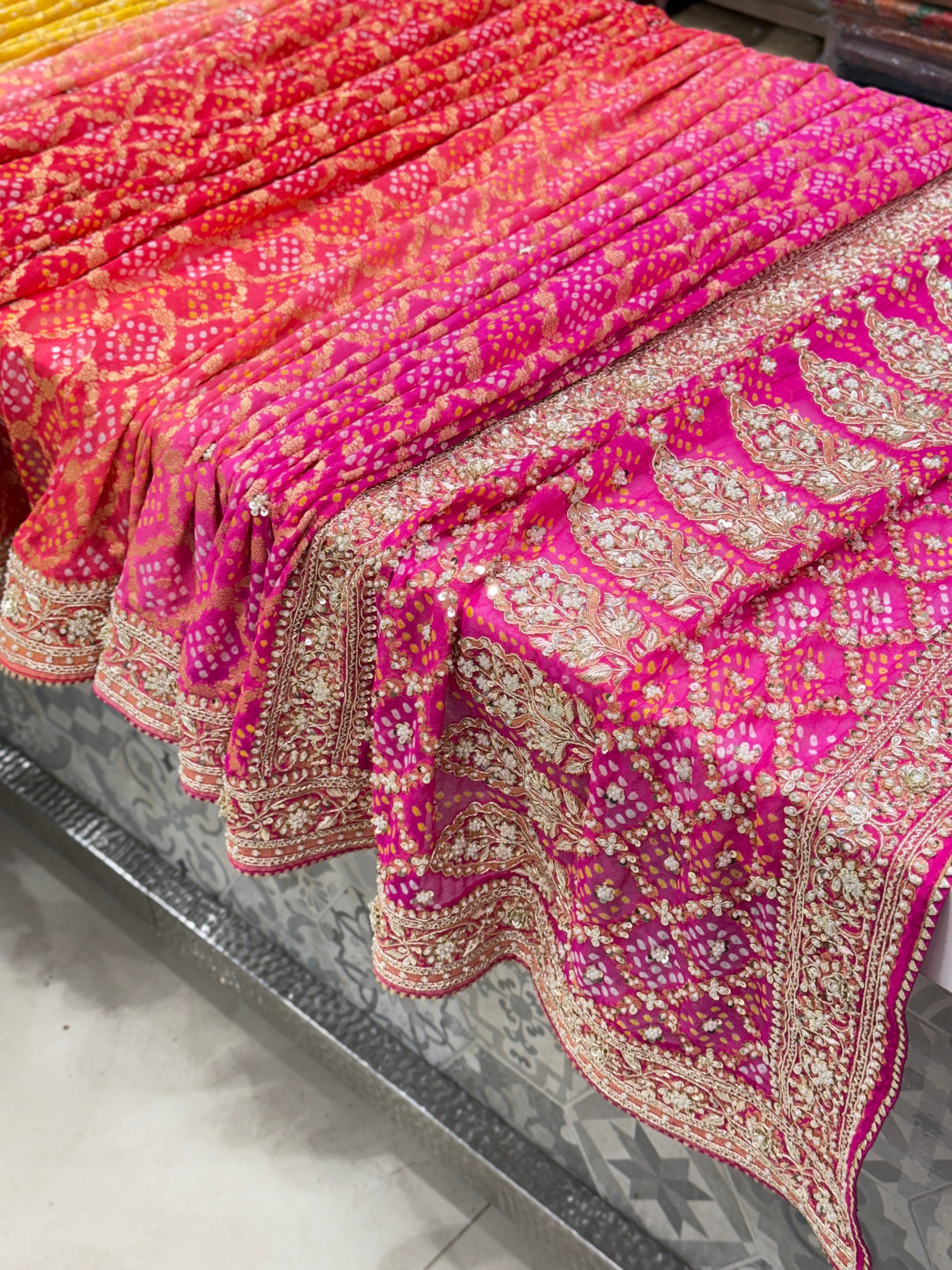 Six Colour Shaded Hand Embroidery Bandhej Saree