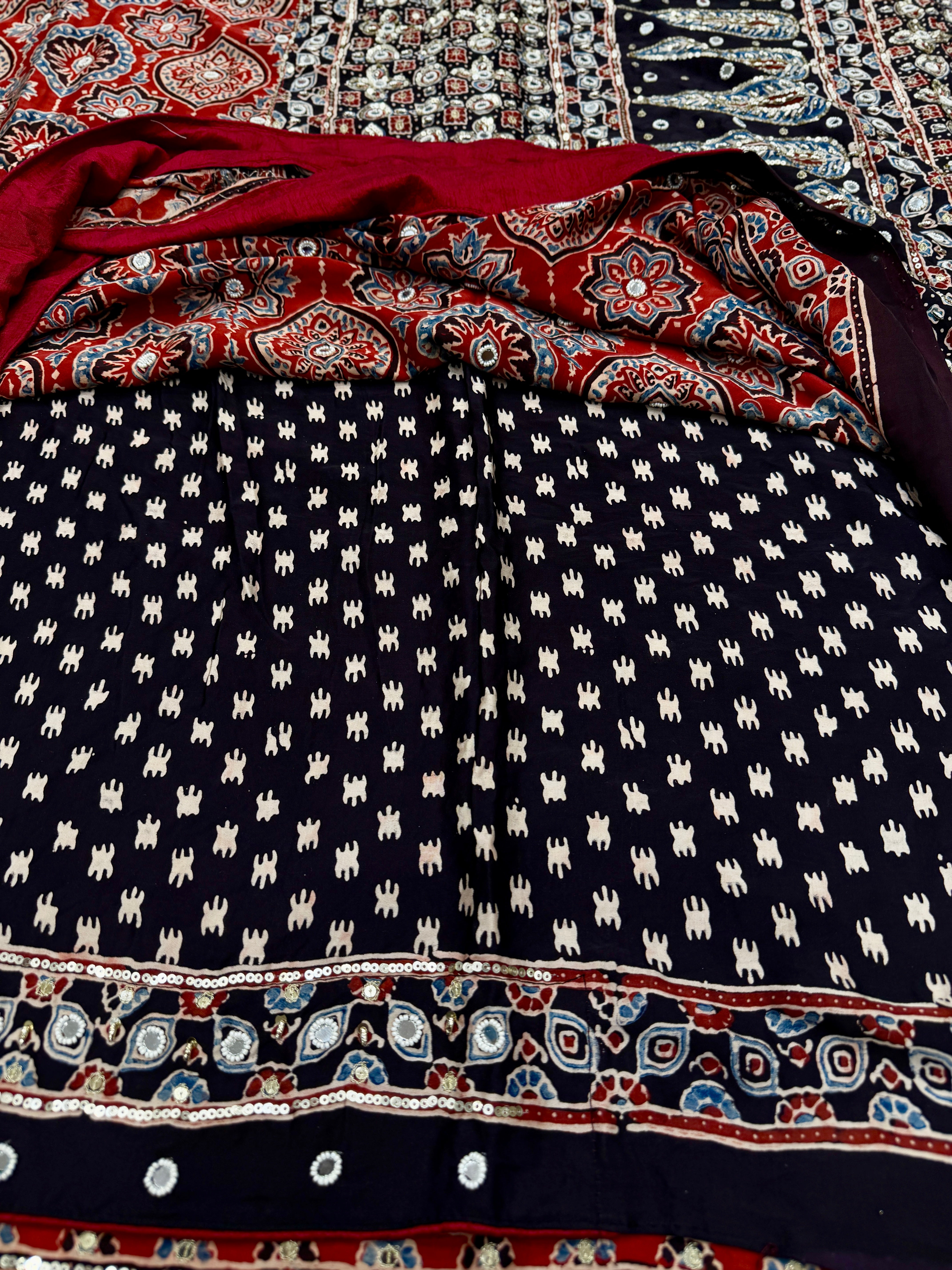 Red Black Badam Jaal Ajrakh Real Mirror Moti Sequin Hand Embroidery Saree