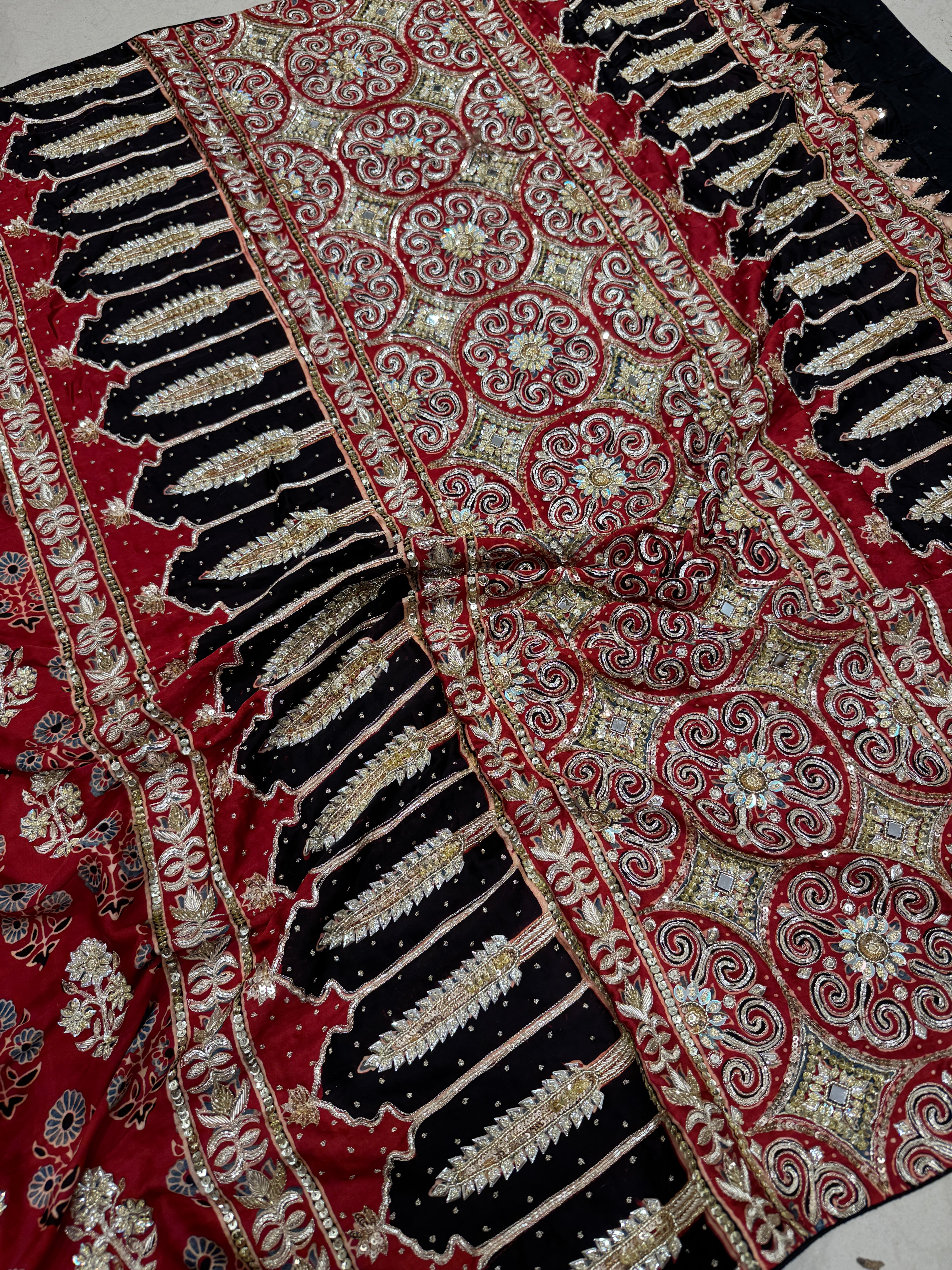 Red Floral Buttas Ajrakh Hand Embroidery Saree