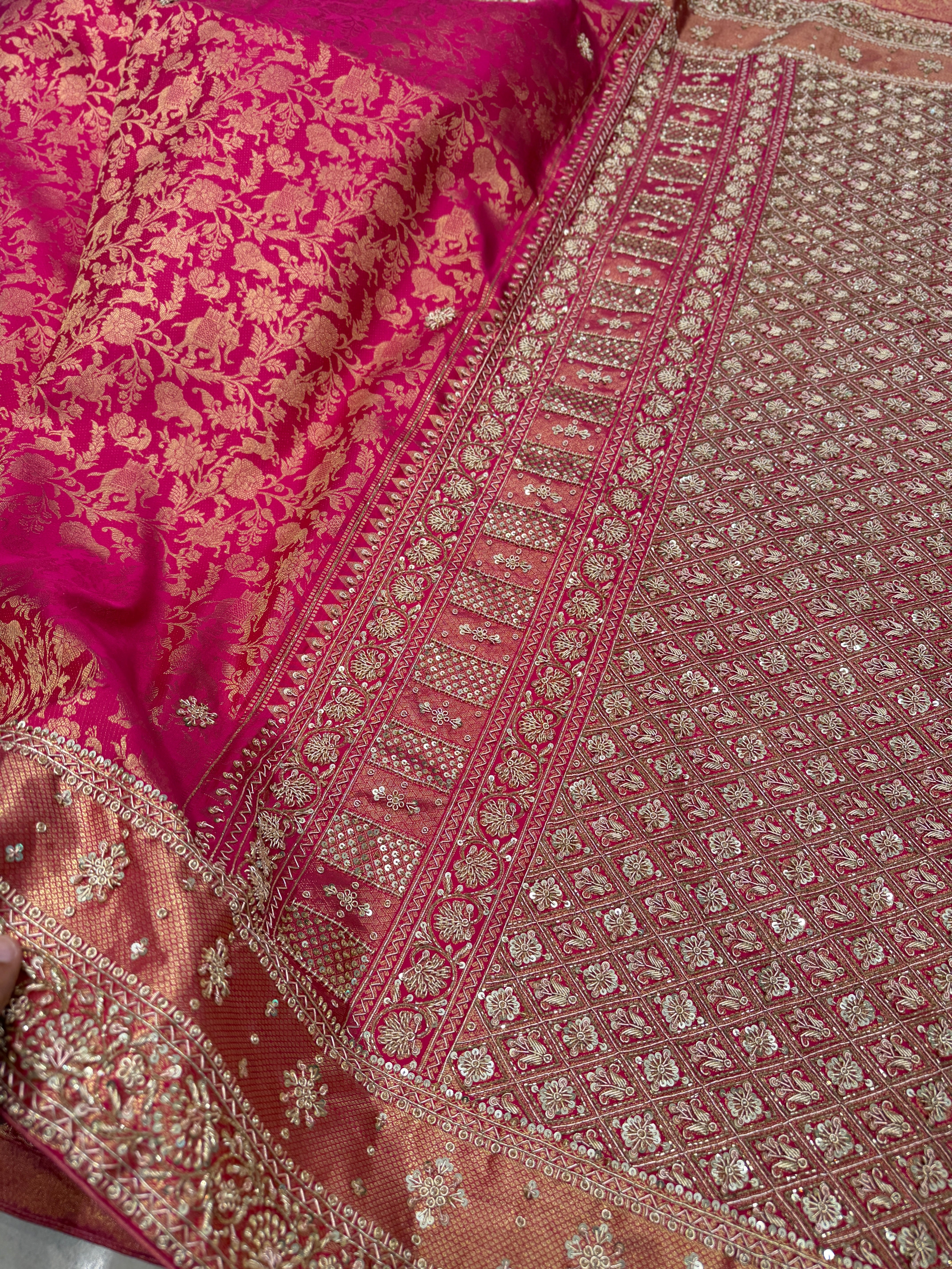 Rani Pink Shikara Kanjivaram Hand Embroidery Zardosi Saree