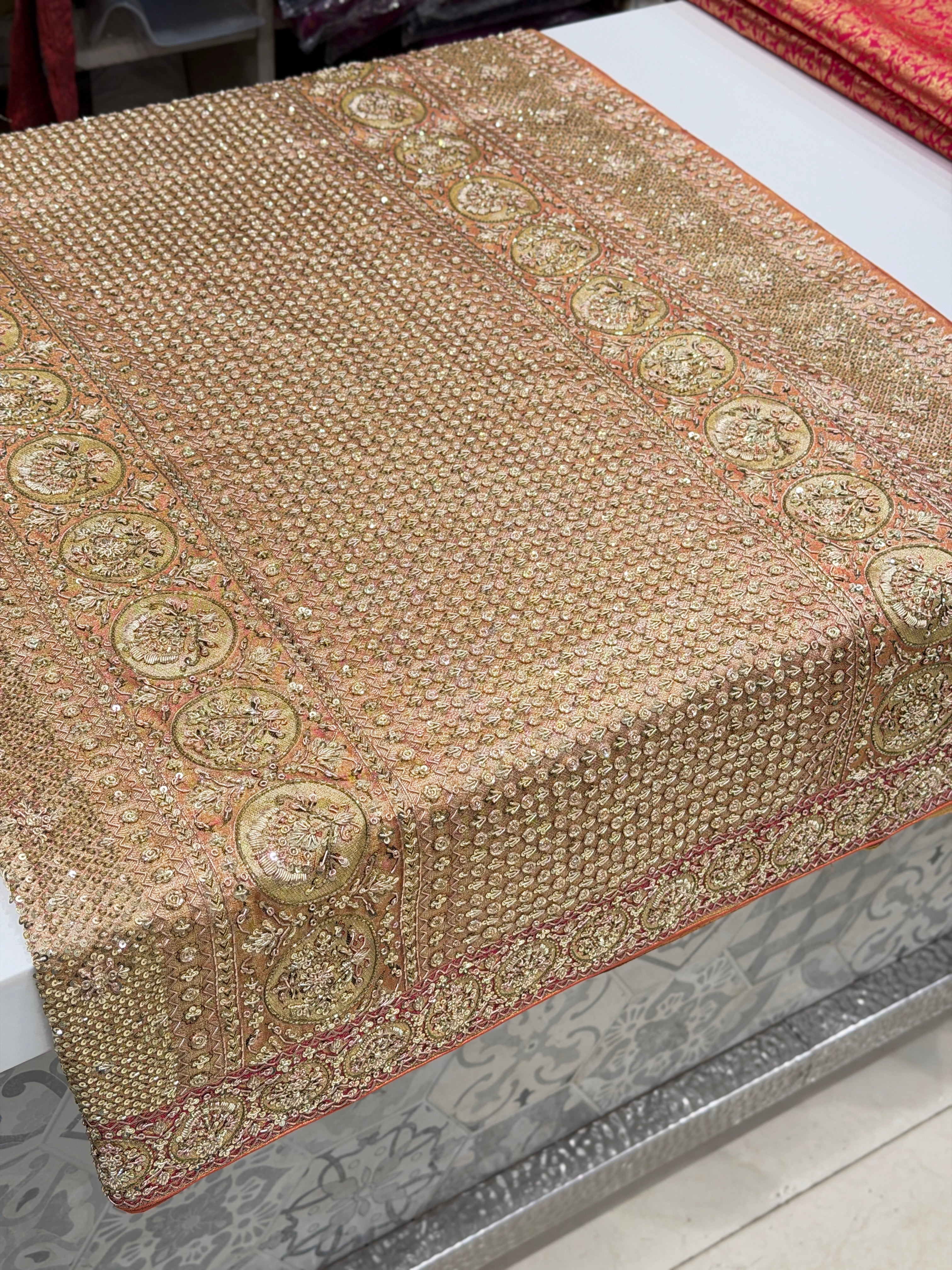 Red Tissue Kanjivaram Zardosi Meenakari Border Hand Embroidery Saree