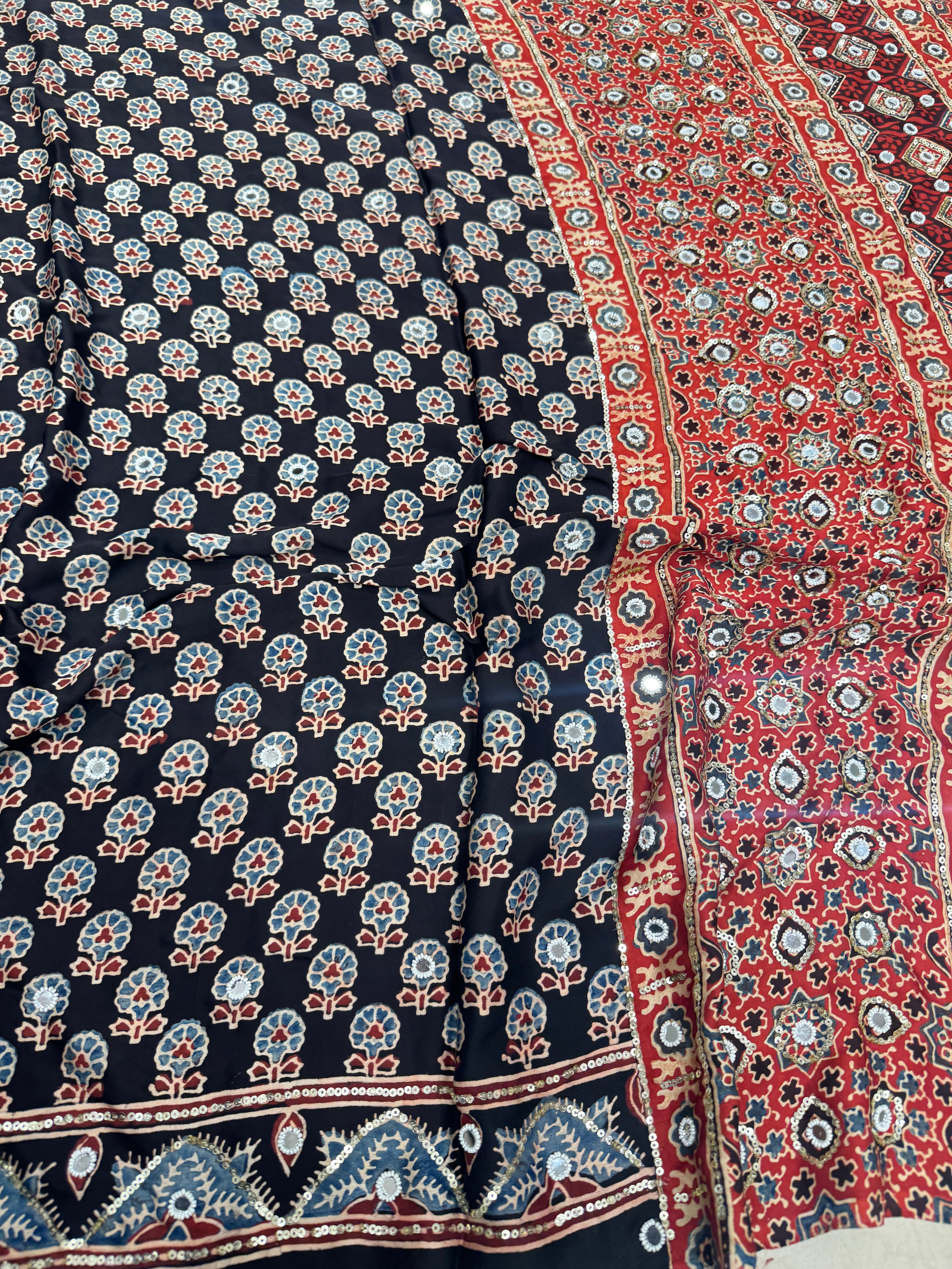 Black Red Ajrakh Real Mirror Moti Sequin Hand Embroidery Saree