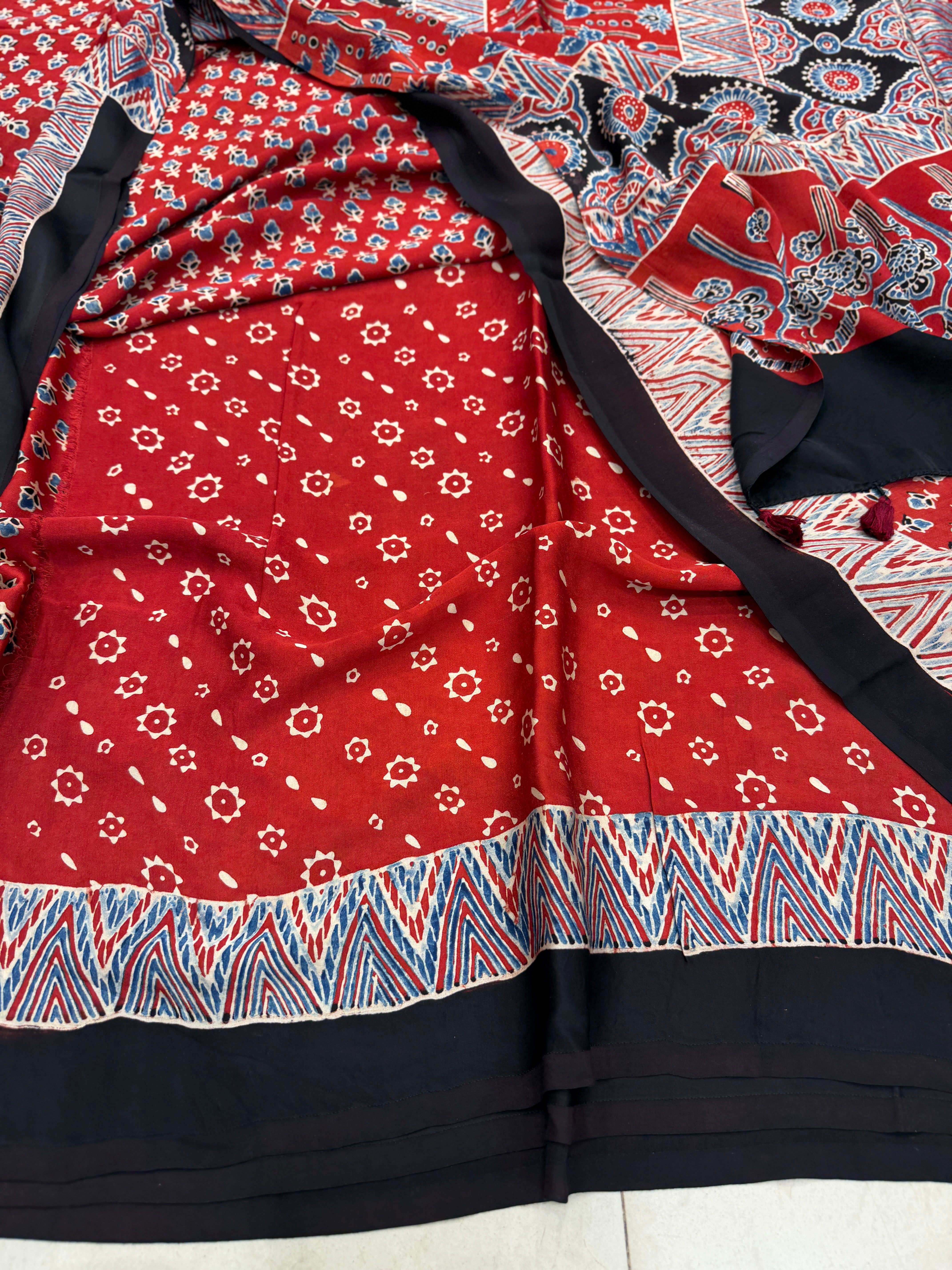 Red Bud Buttis Ajrakh Hand Block Print Pure Modal Silk Saree