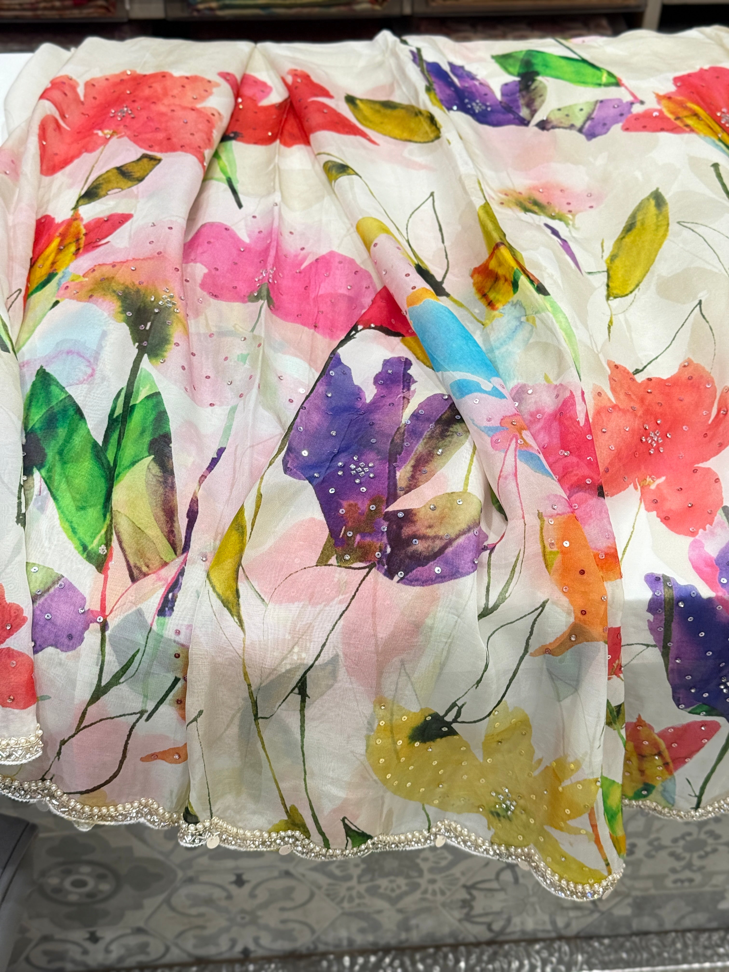 Multi Colour Print Muslin Border Hand Embroidery Saree