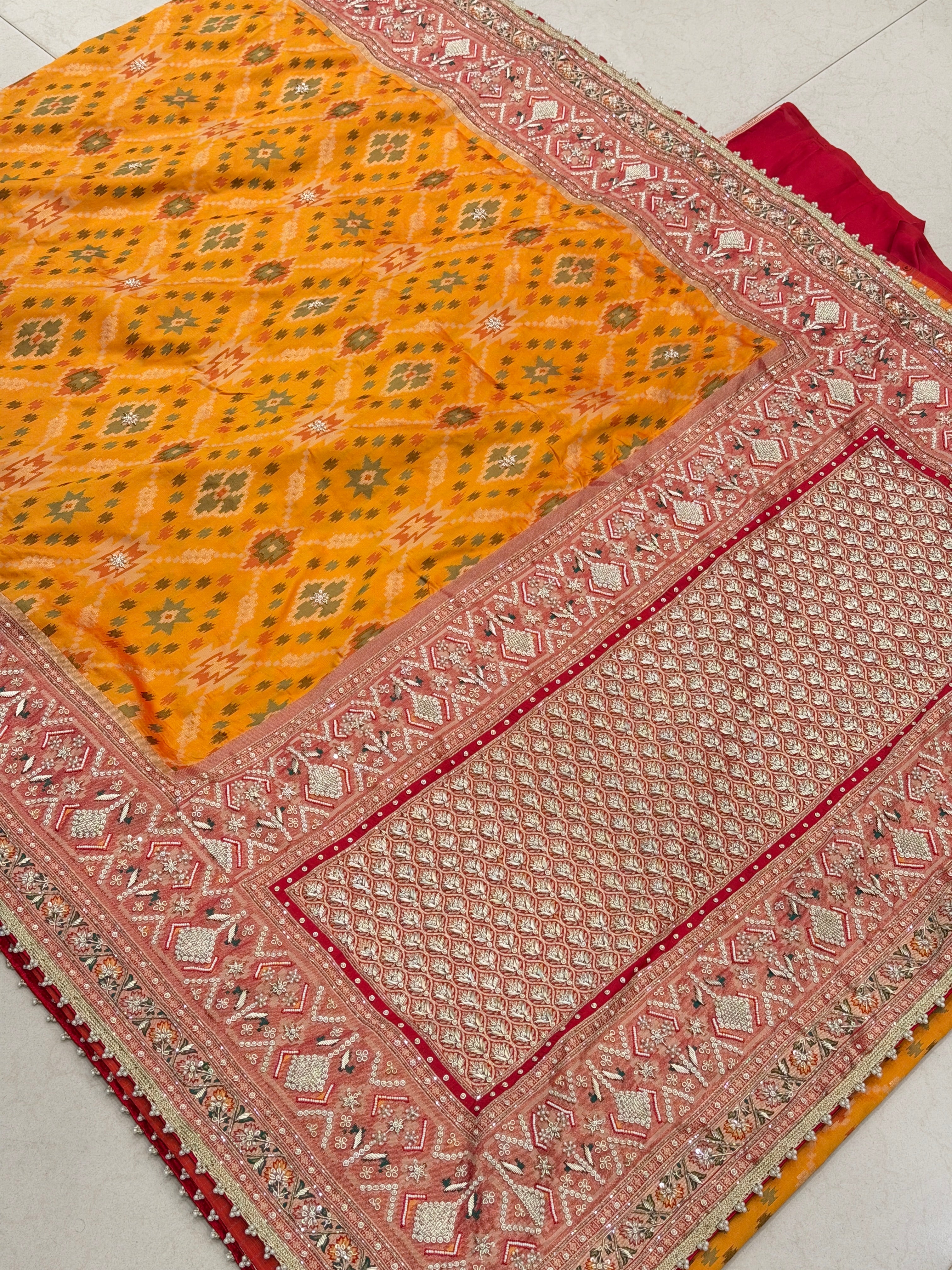 Orange Banarasi Patola Zardosi Hand Embroidery Moti Work Saree