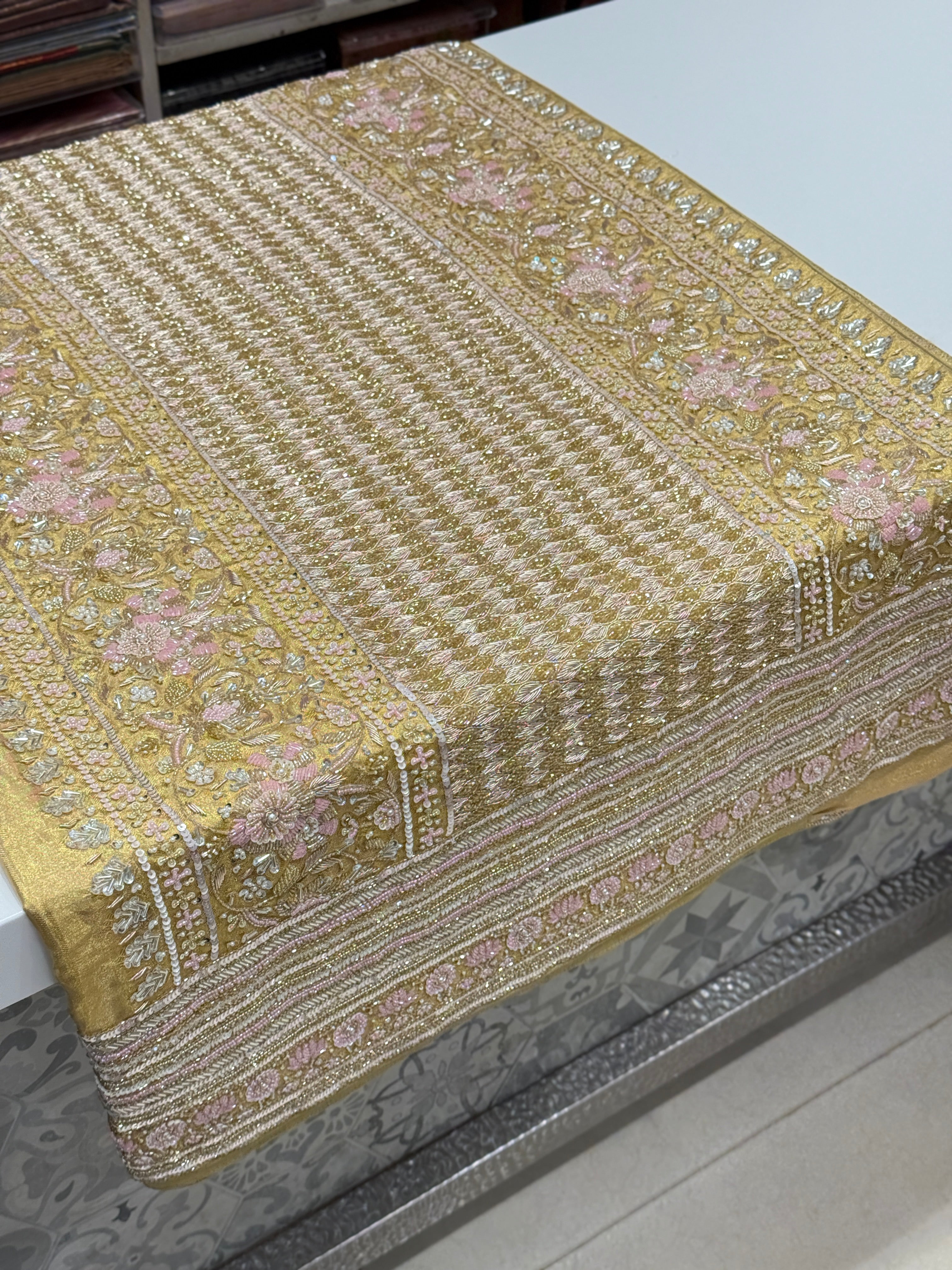 Gold Tissue Jaal Kanjivaram Hand Embroidery Saree