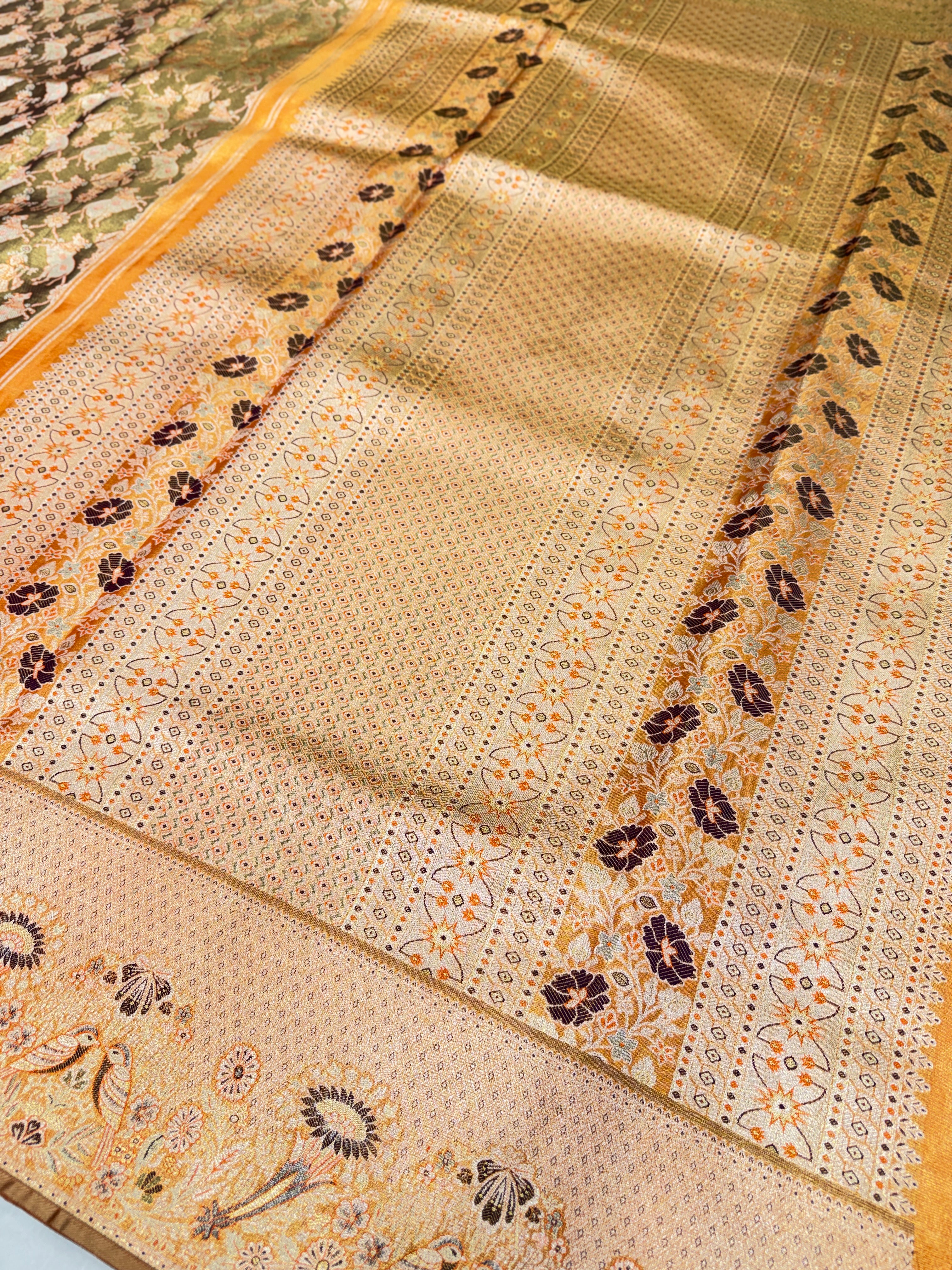 Ocher Nandi Edit Handloom Kanjivaram Tissue Silk Saree