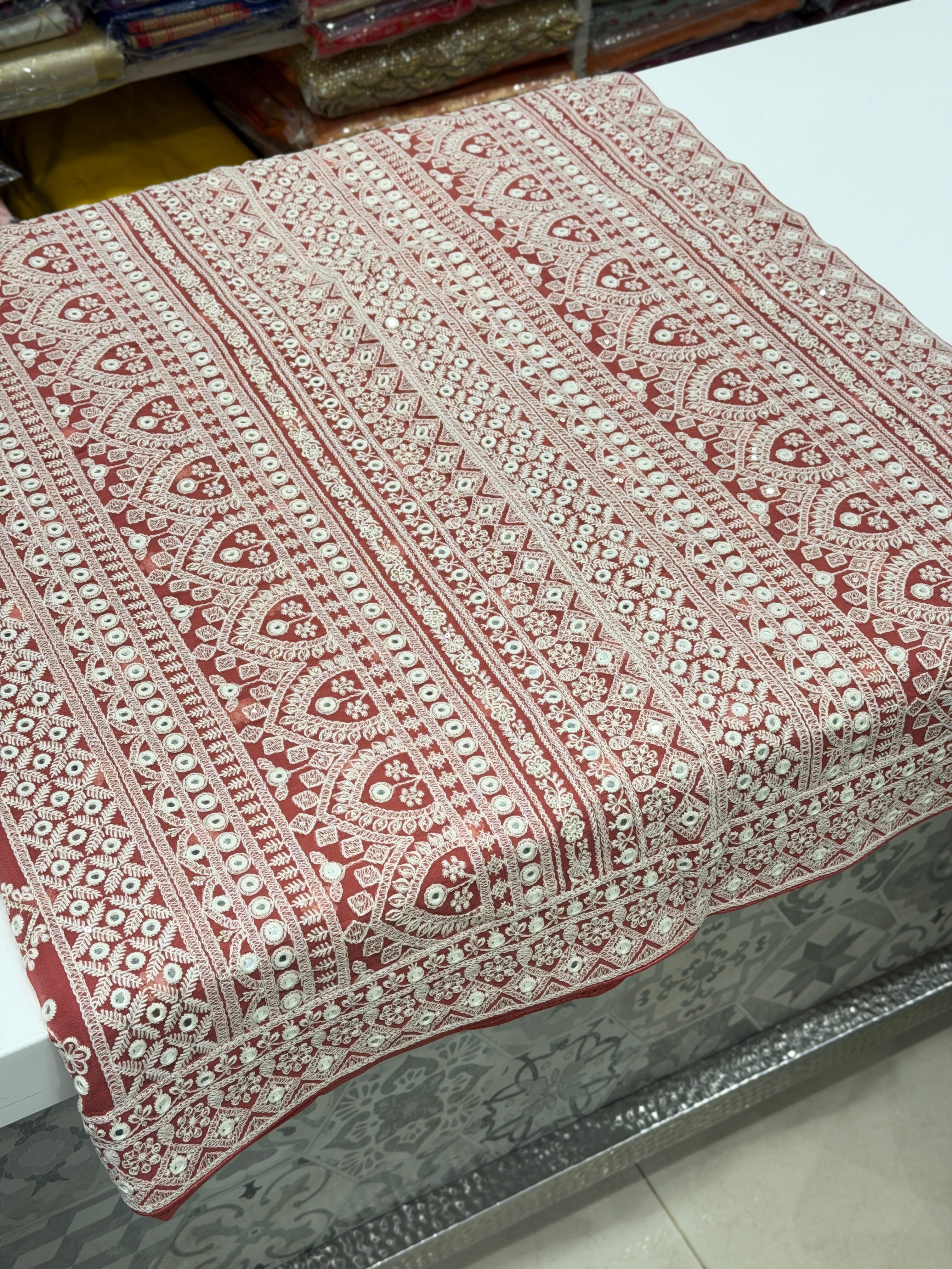 Rust Red Chikankari Jaal Georgette Resham Embroidery Saree