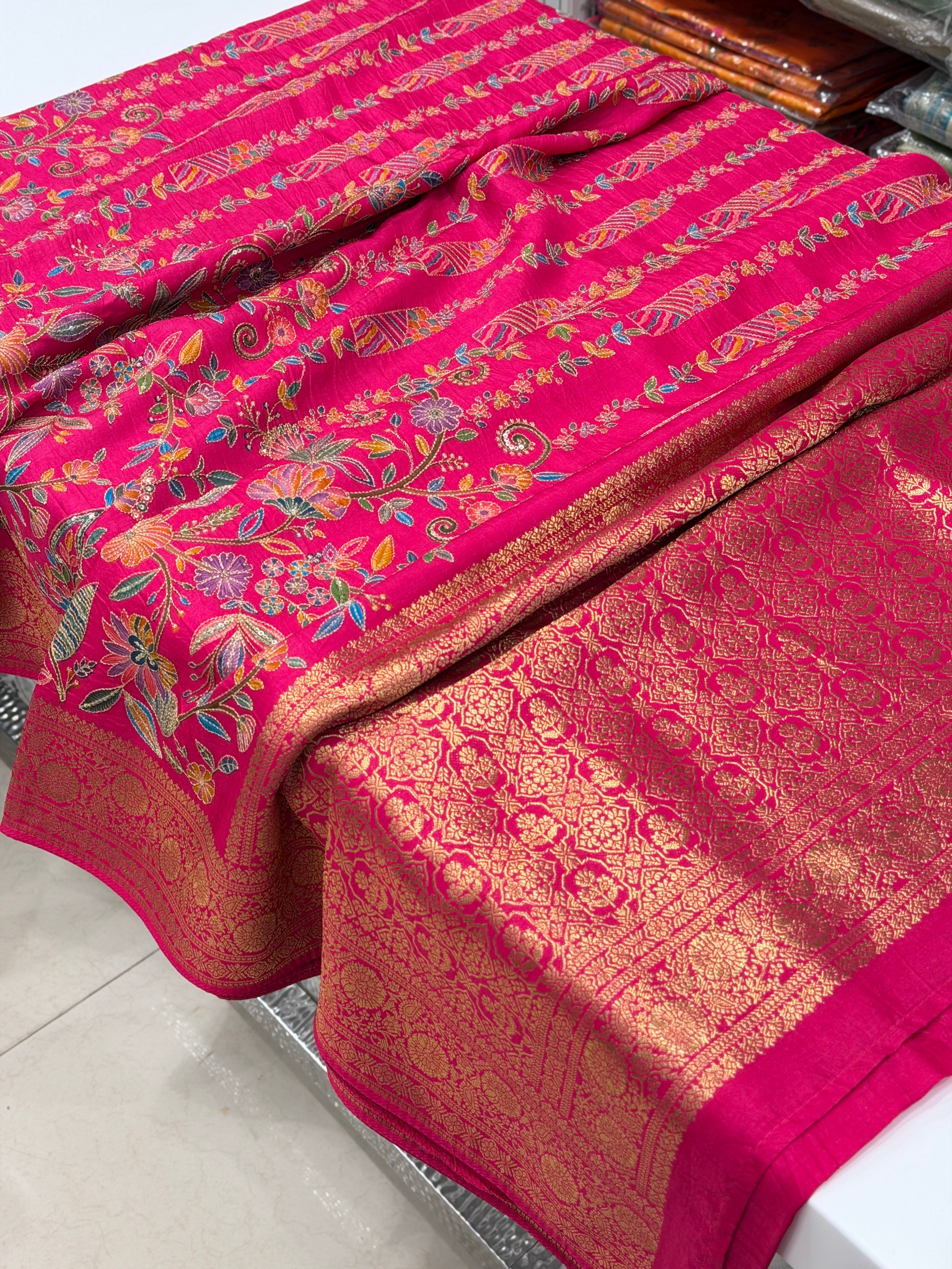 Rani Contemporary Banarasi Munga Pita Embroidery Saree