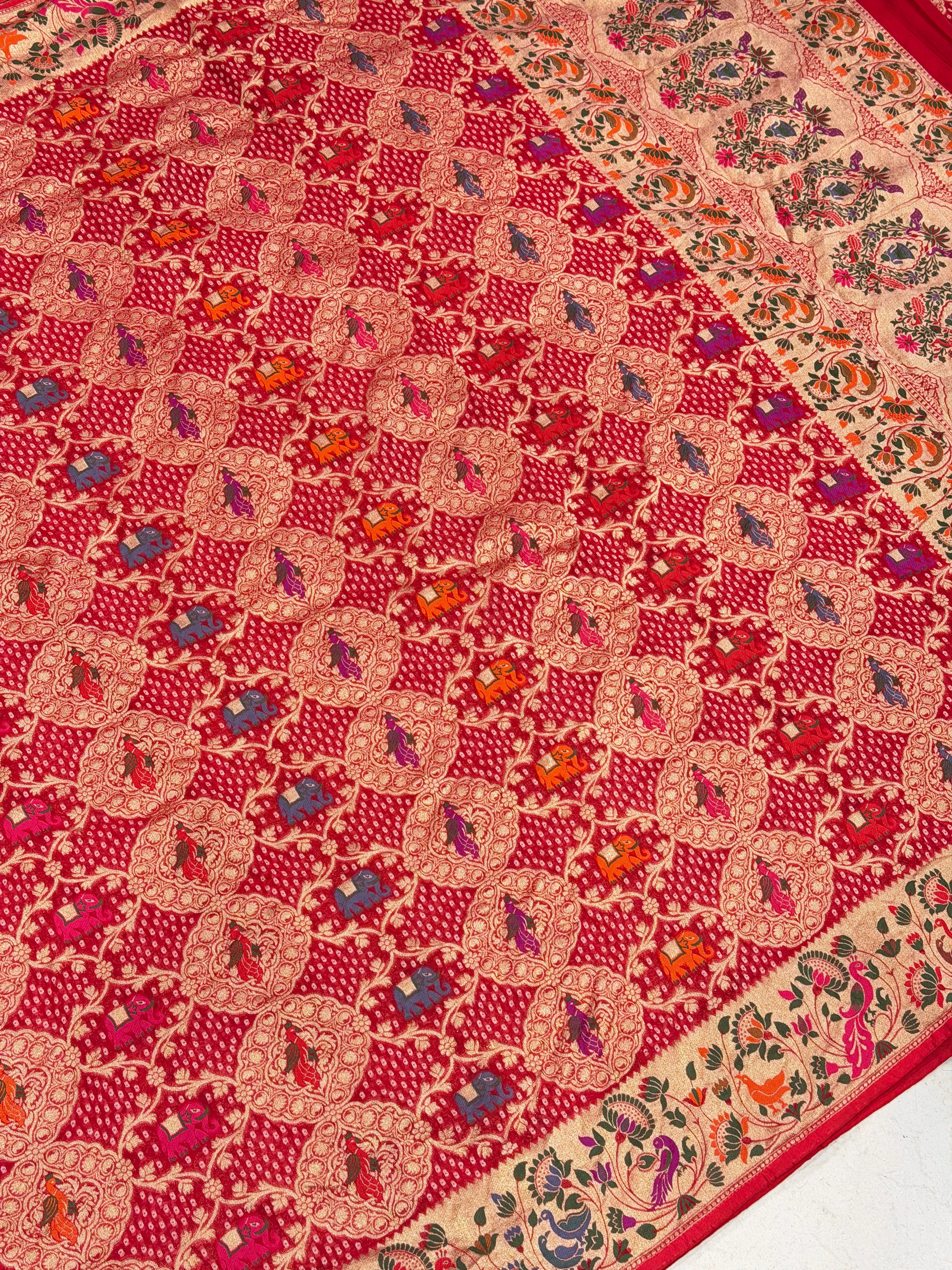 Red Woven Bandhej Meenakari Peacock Parrot Motif Saree