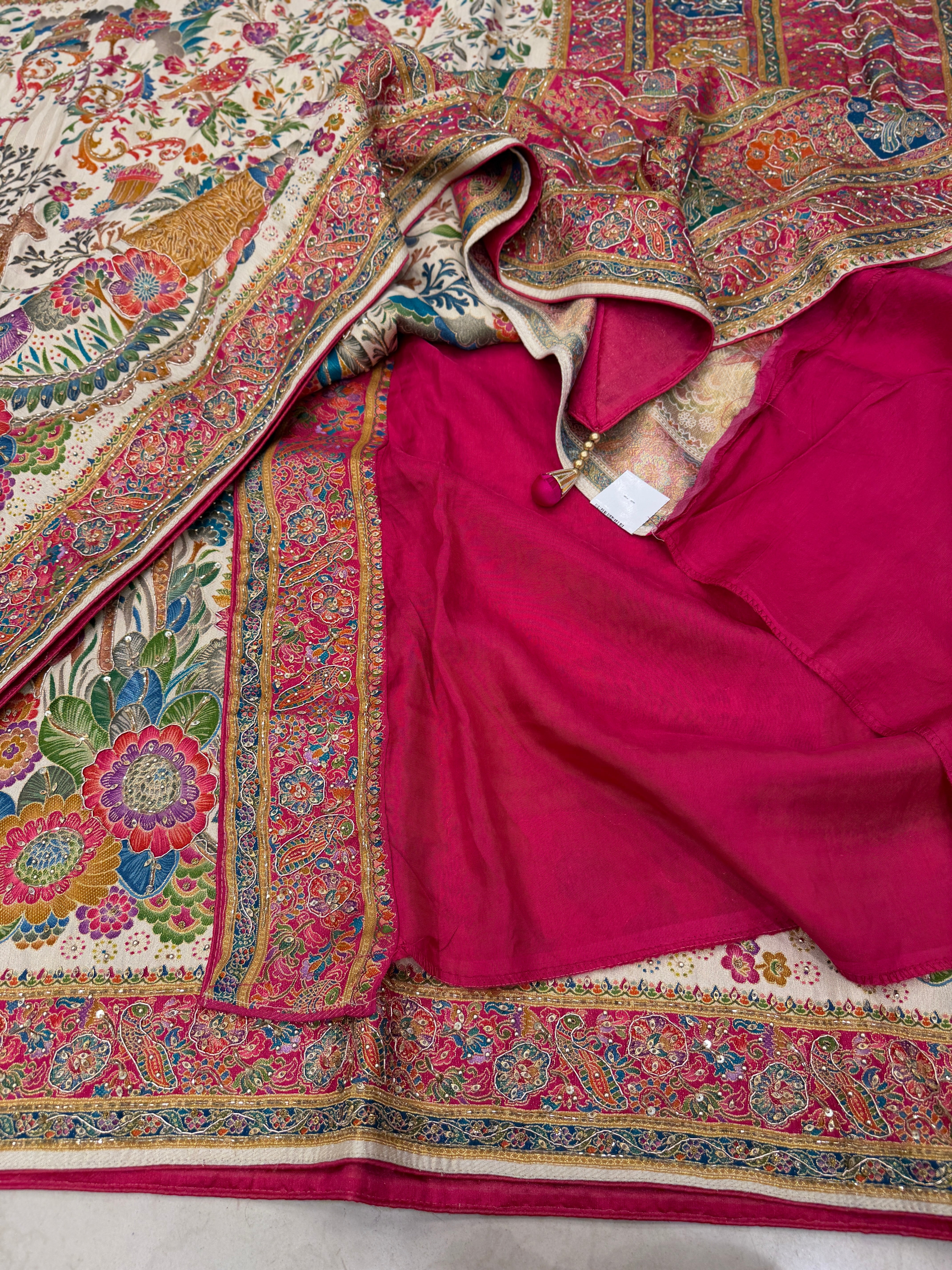 Beige Munga Forrest Essential Theme Pashmina Munga Hand Embroidery Saree