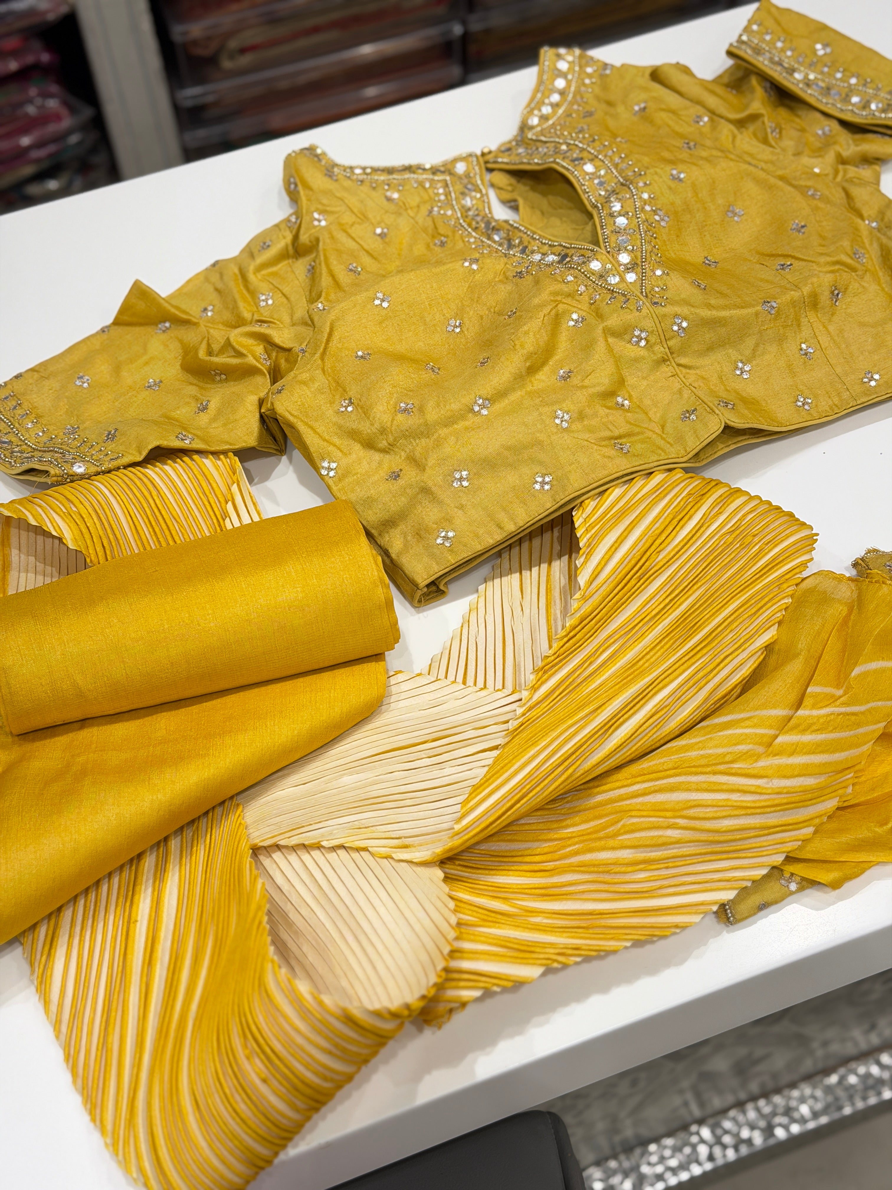 Yellow Crushed Tussor Arashi Shibori Dye with Moti Embroidery Ready Blouse Saree