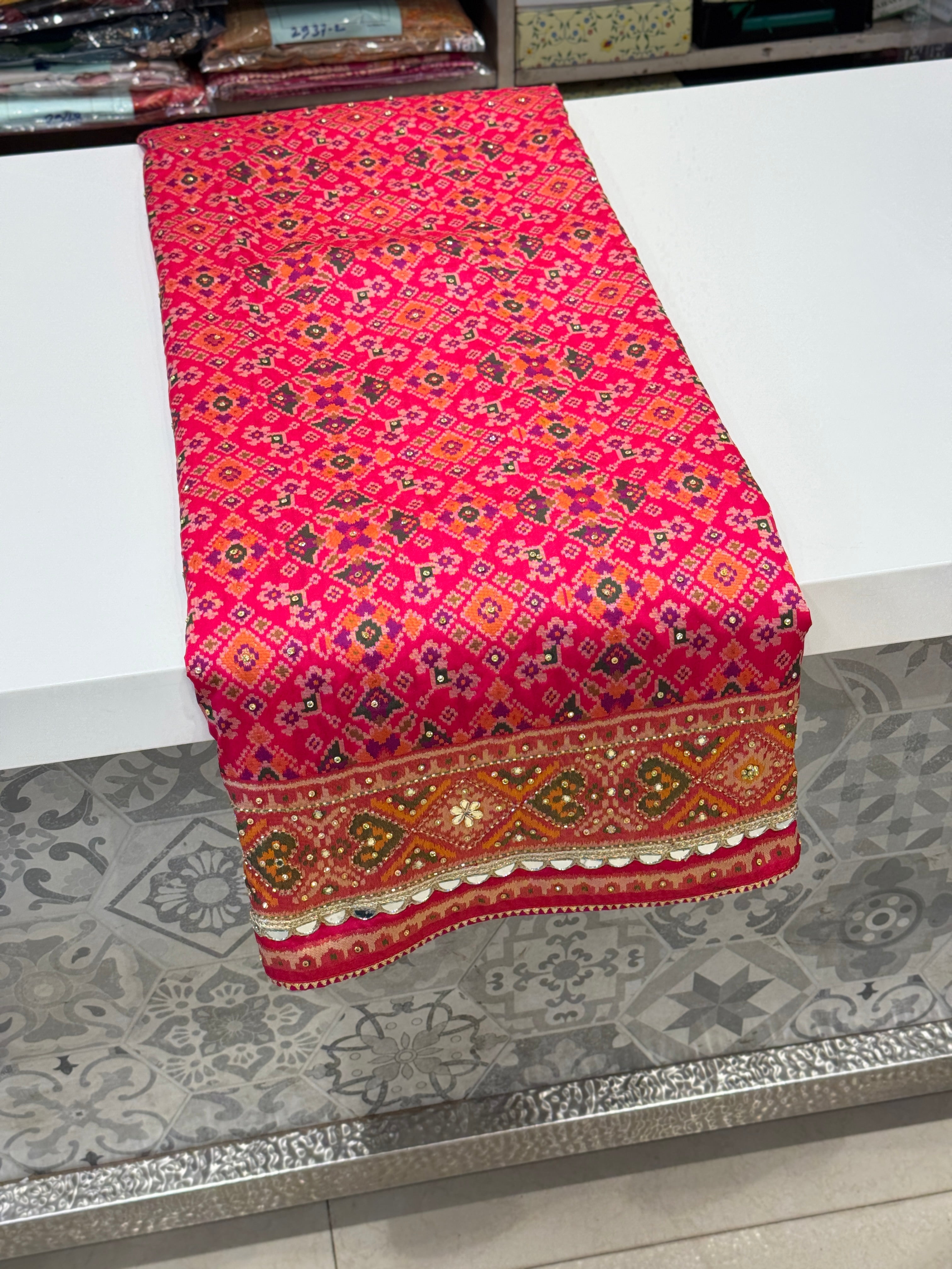 Rani Pink Patola Hand Embroidery Saree with Real Mirrors