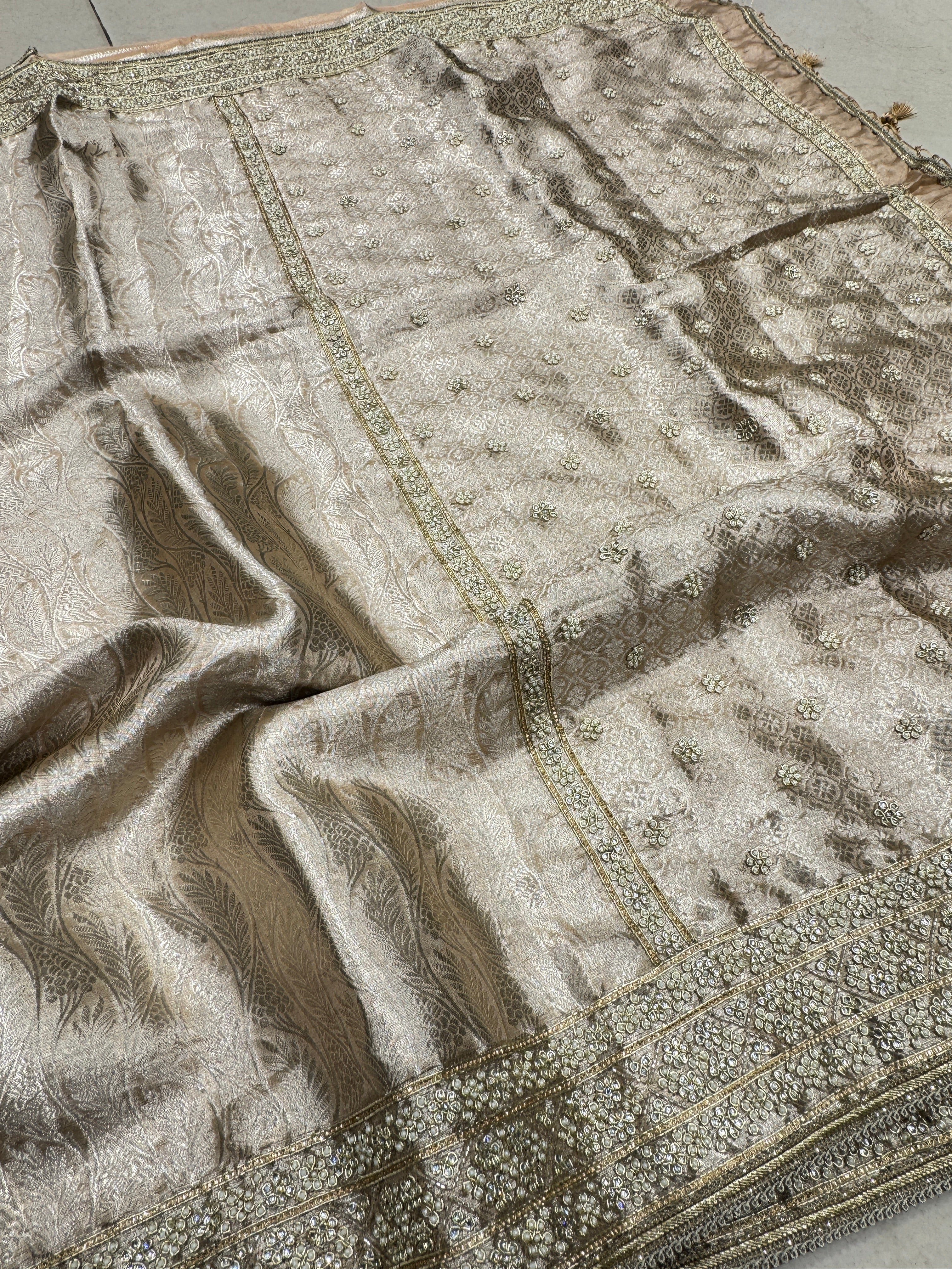 Nude Pink Silver Tissue Kanjivaram Moti Hand Embroidery Saree