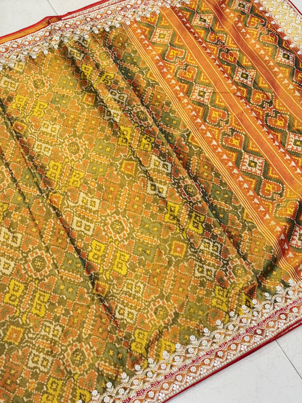 Mustard Tissue Patan Patola Zardosi Hand Embroidery Saree