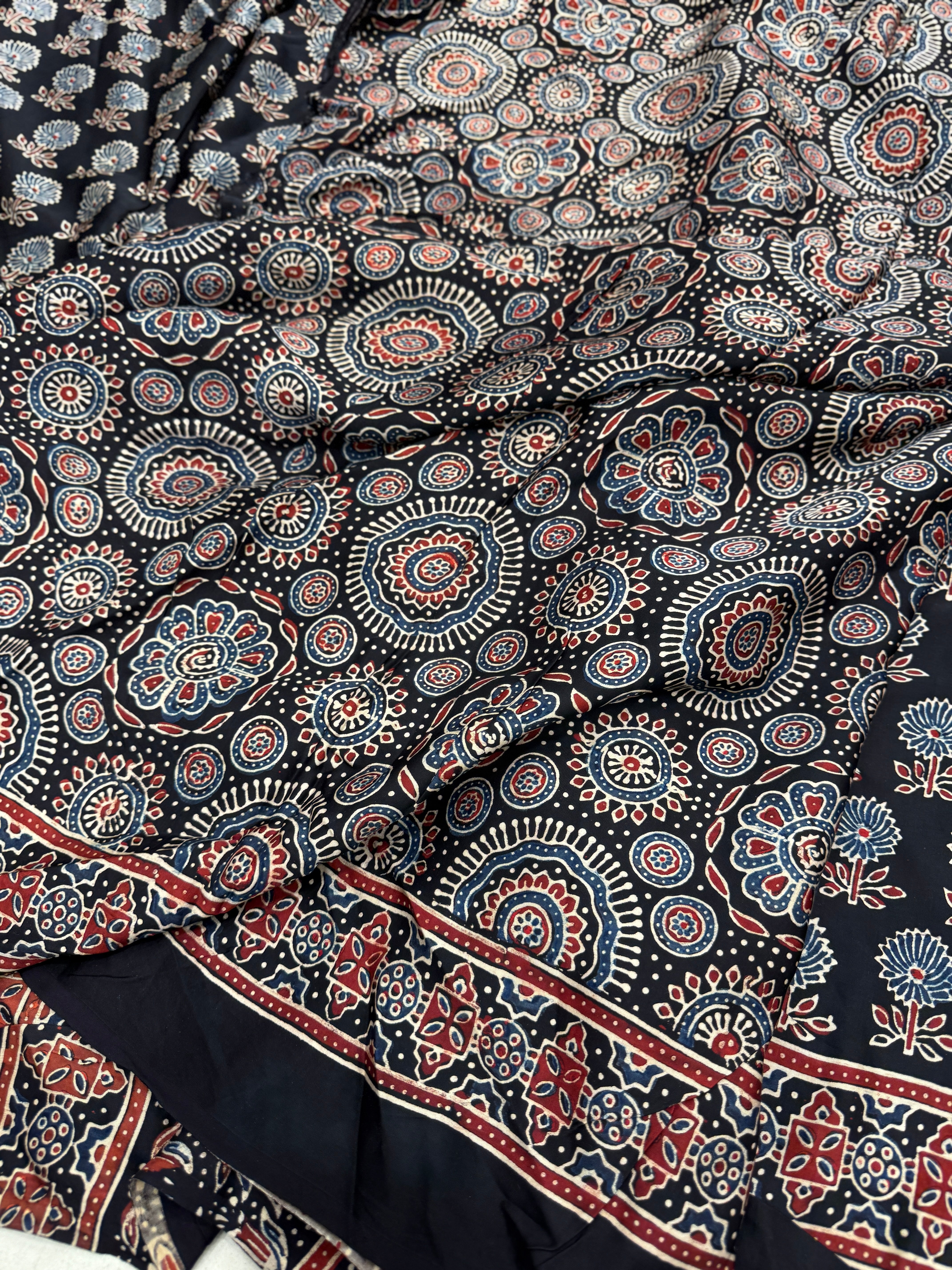 Black Contemporary Buttis Ajrakh Block Print Hand Pure Gajji Silk Saree