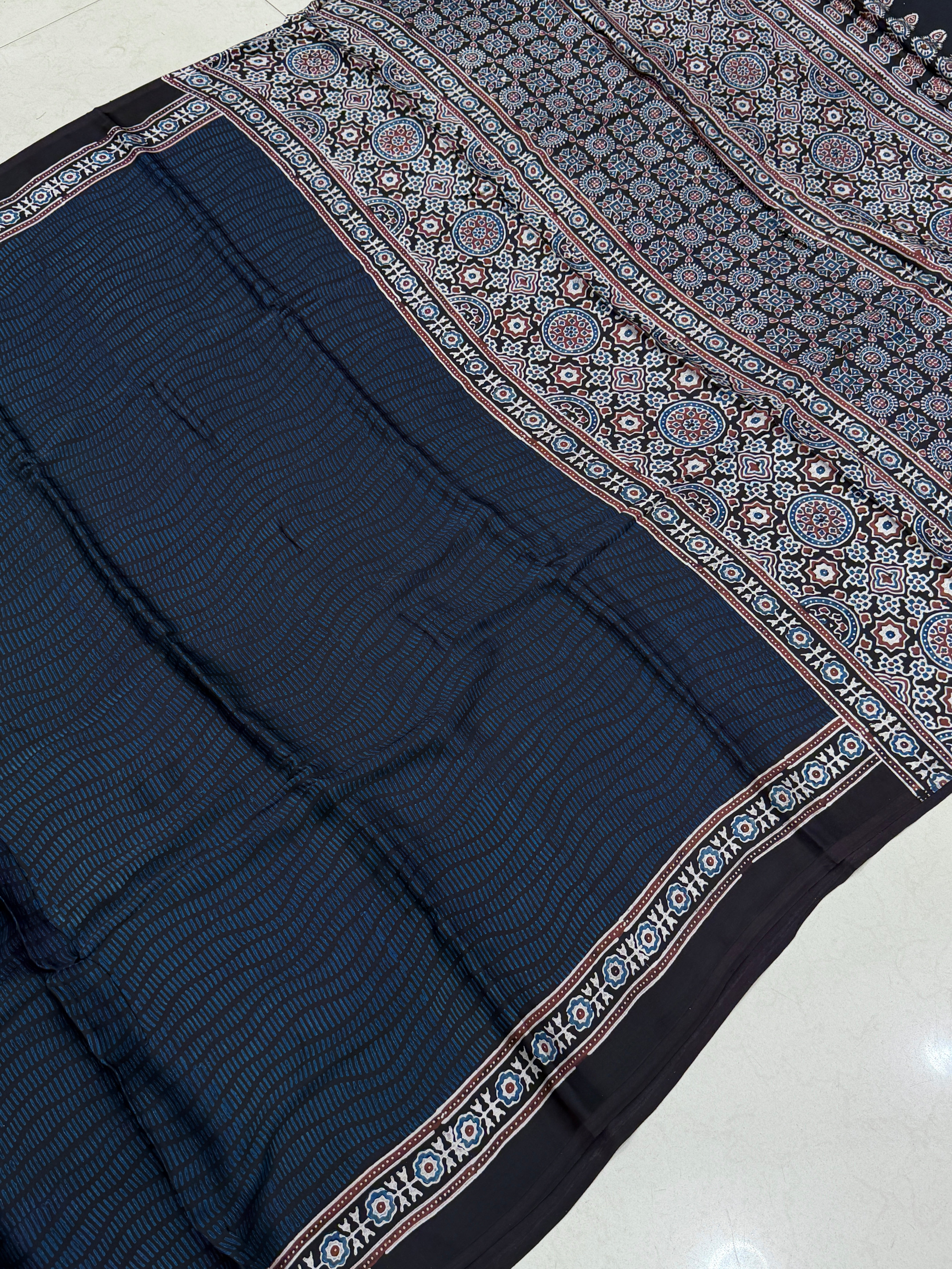 Blue Squiggly Lines Ajrakh Hand Block Print Pure Modal Silk Saree