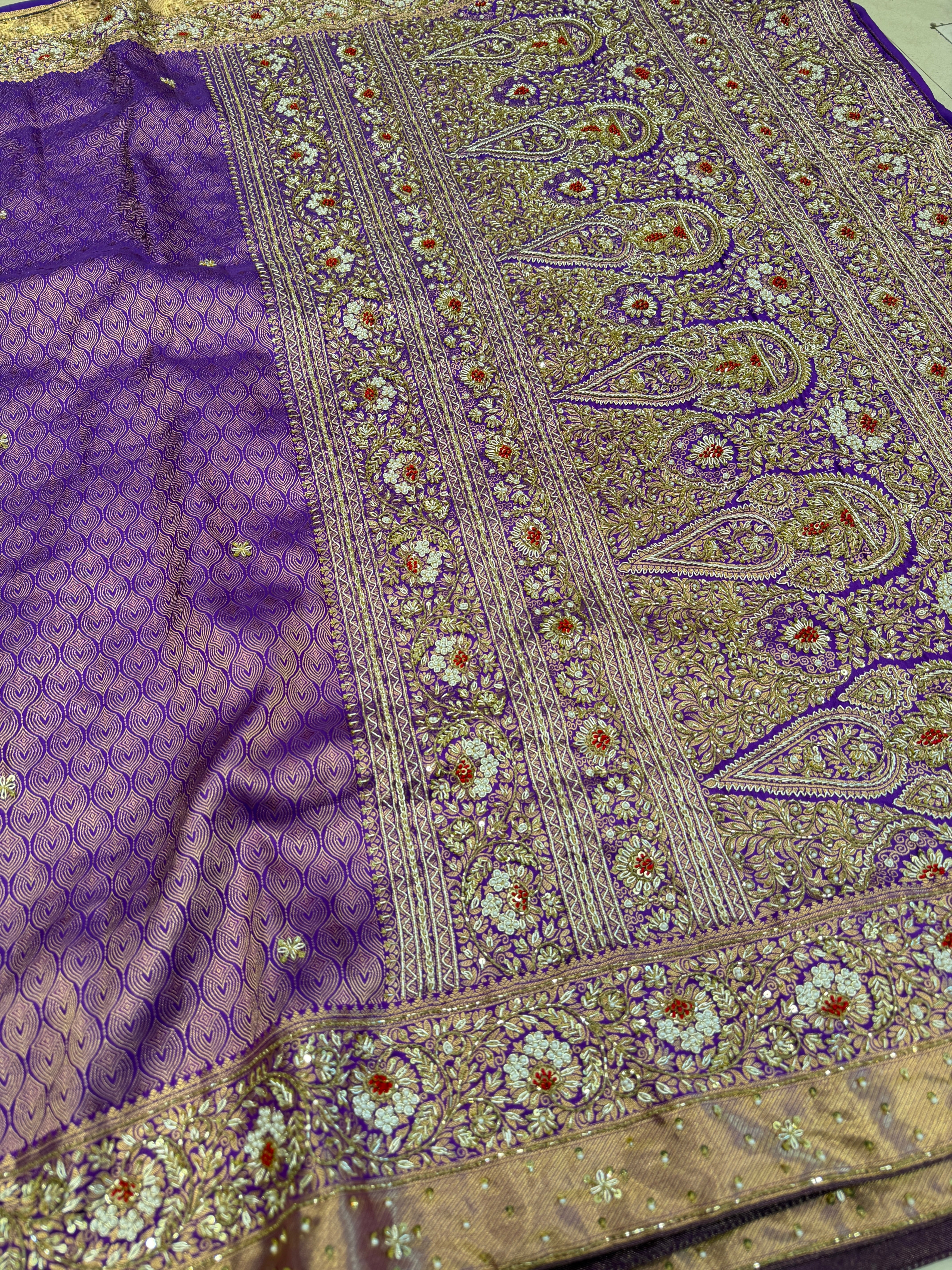 Violet Kanjivaram Floral Jaal Zardozi Hand Embroidery Saree