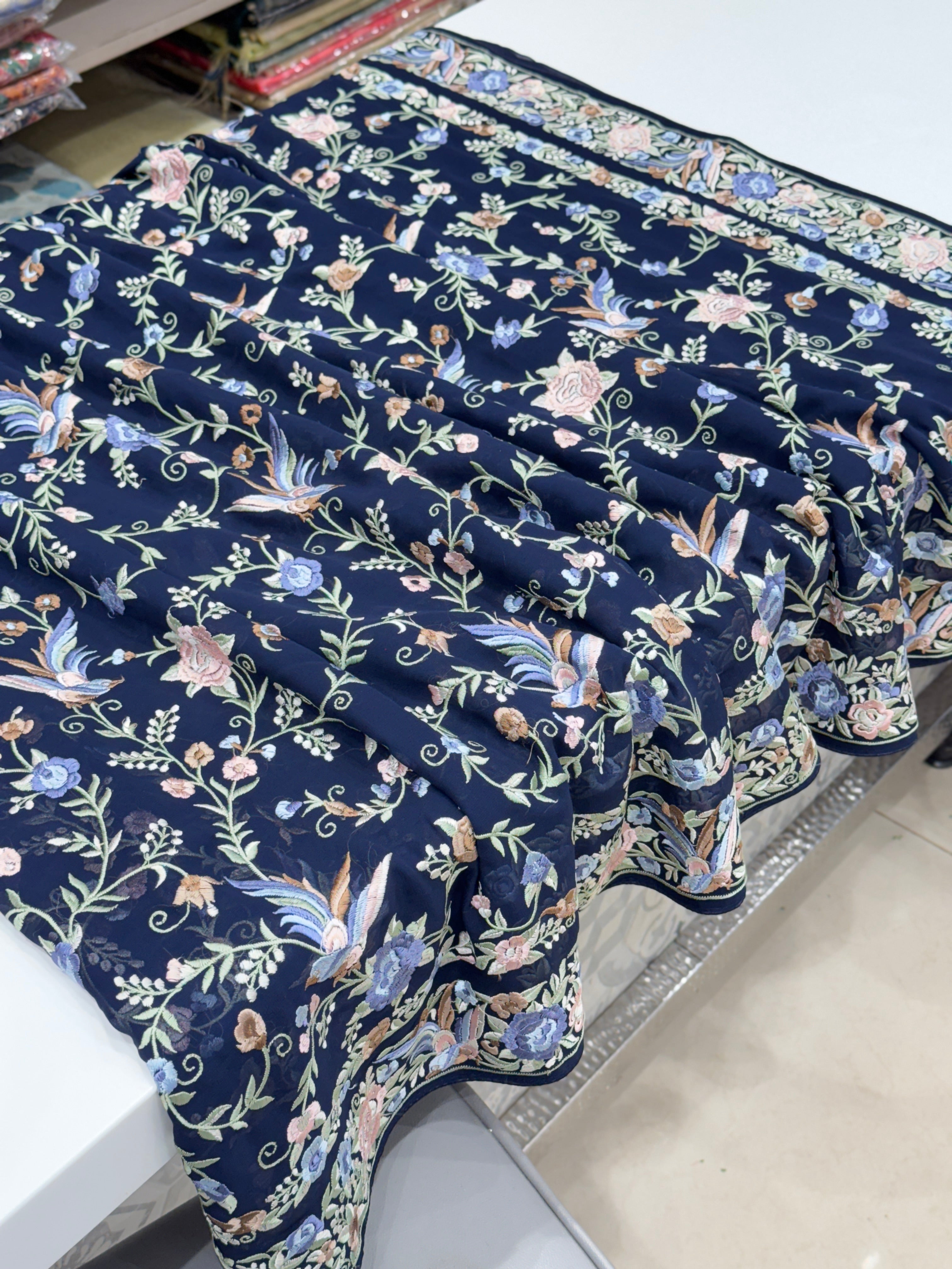 Blue Double Border Georgette Parsi Gara Saree