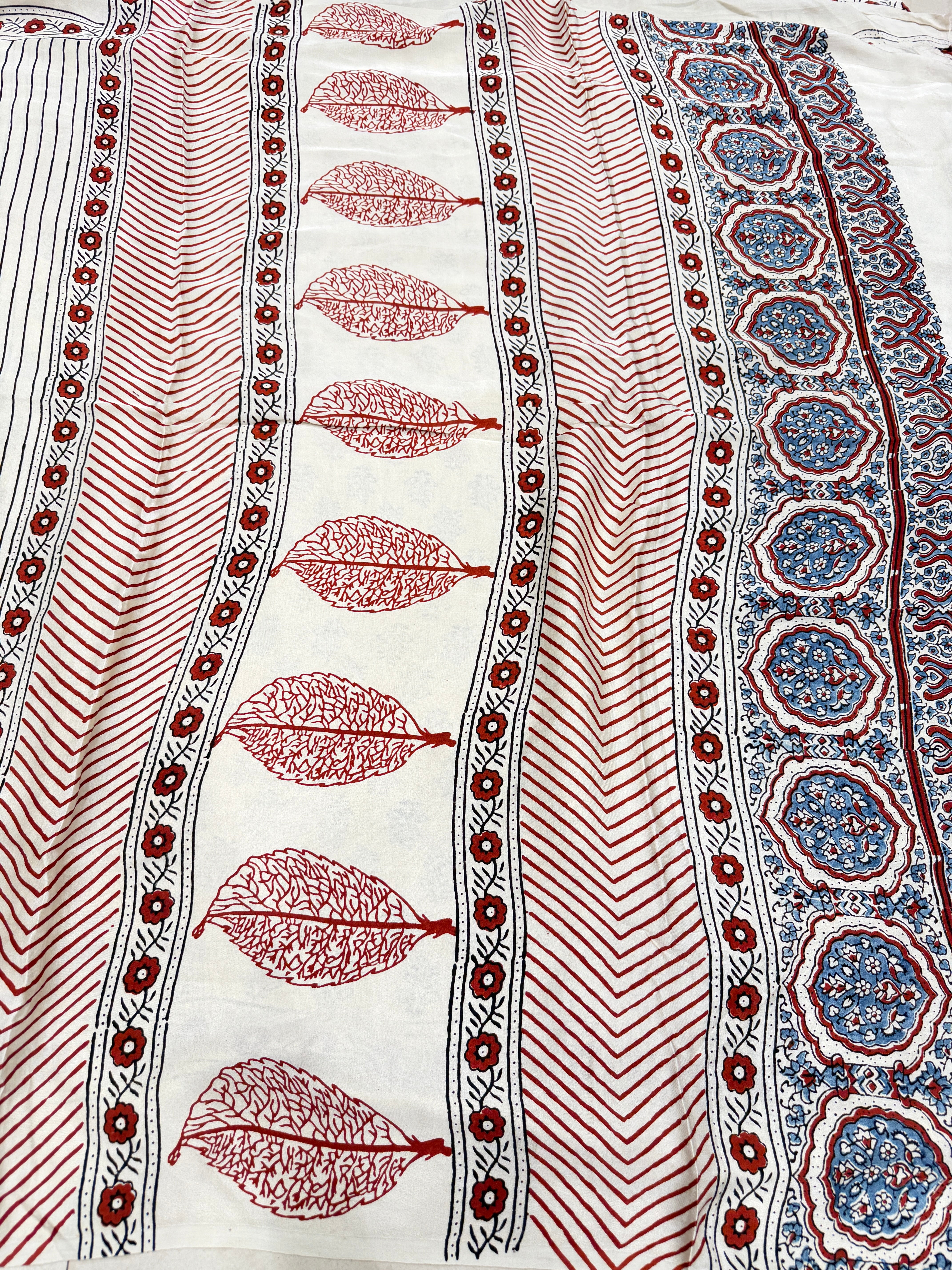 White Red Contemporary Ajrakh Hand Block Print Pure Gajji Silk Saree