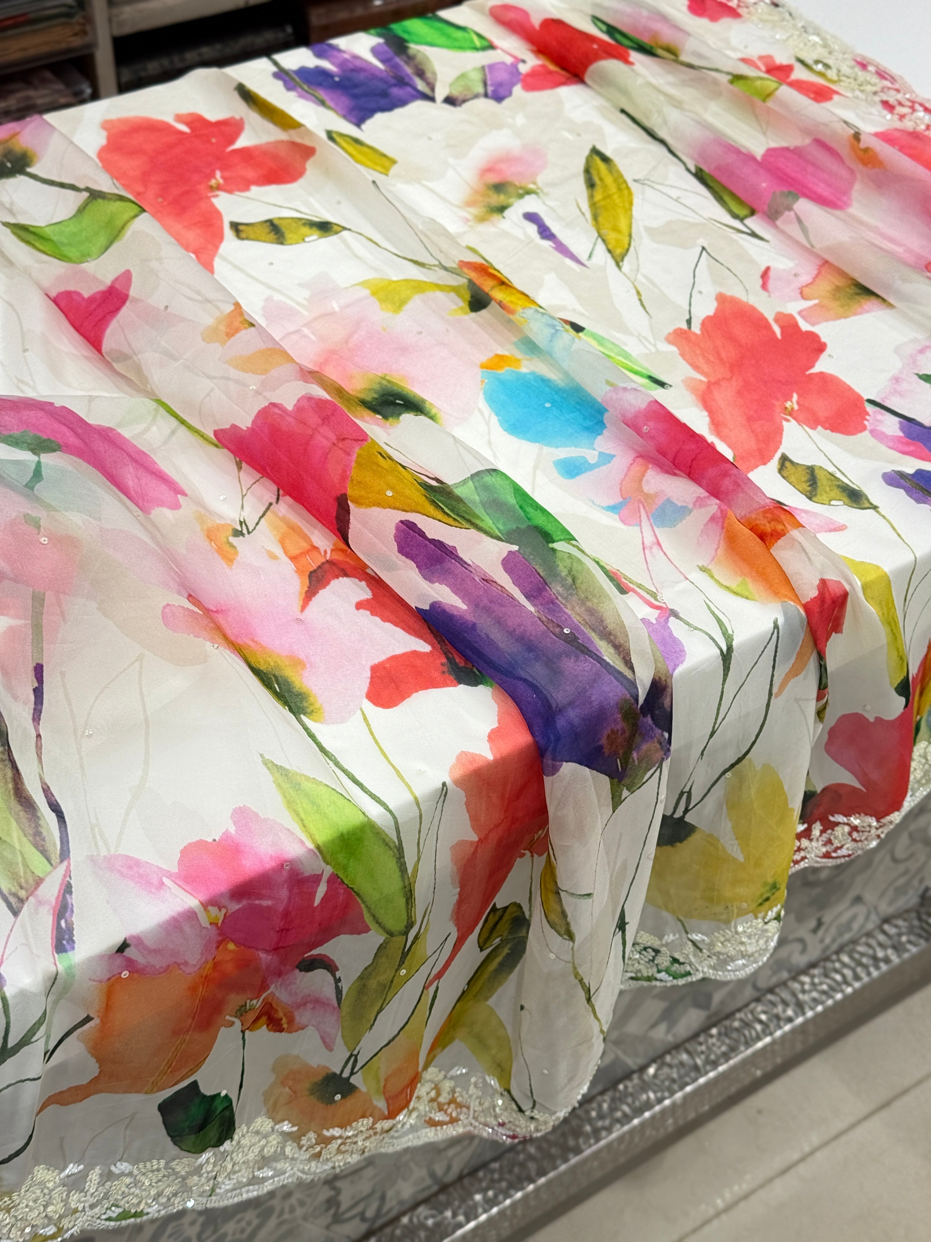 Multi Colour Print Muslin Border Heavy Hand Embroidery Saree