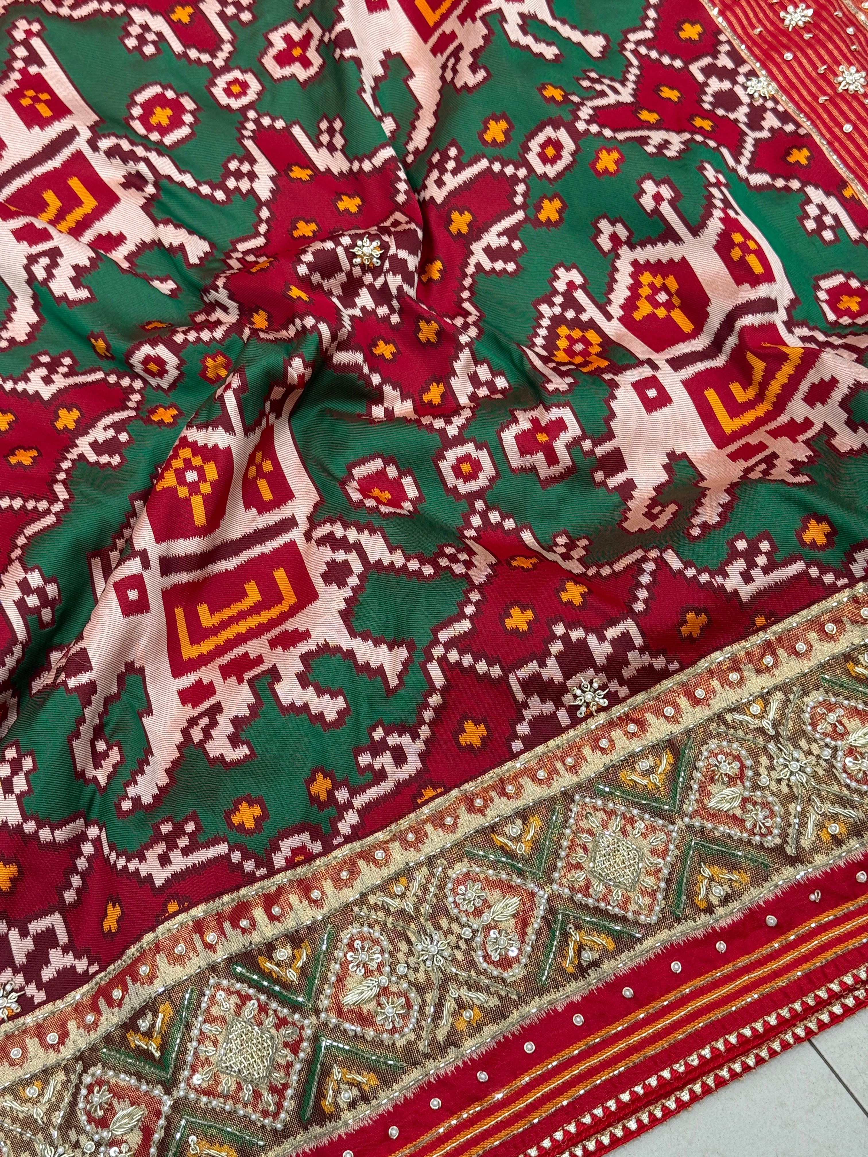 Maroon Green Big Elephant Patola Zardosi Embroidery Saree