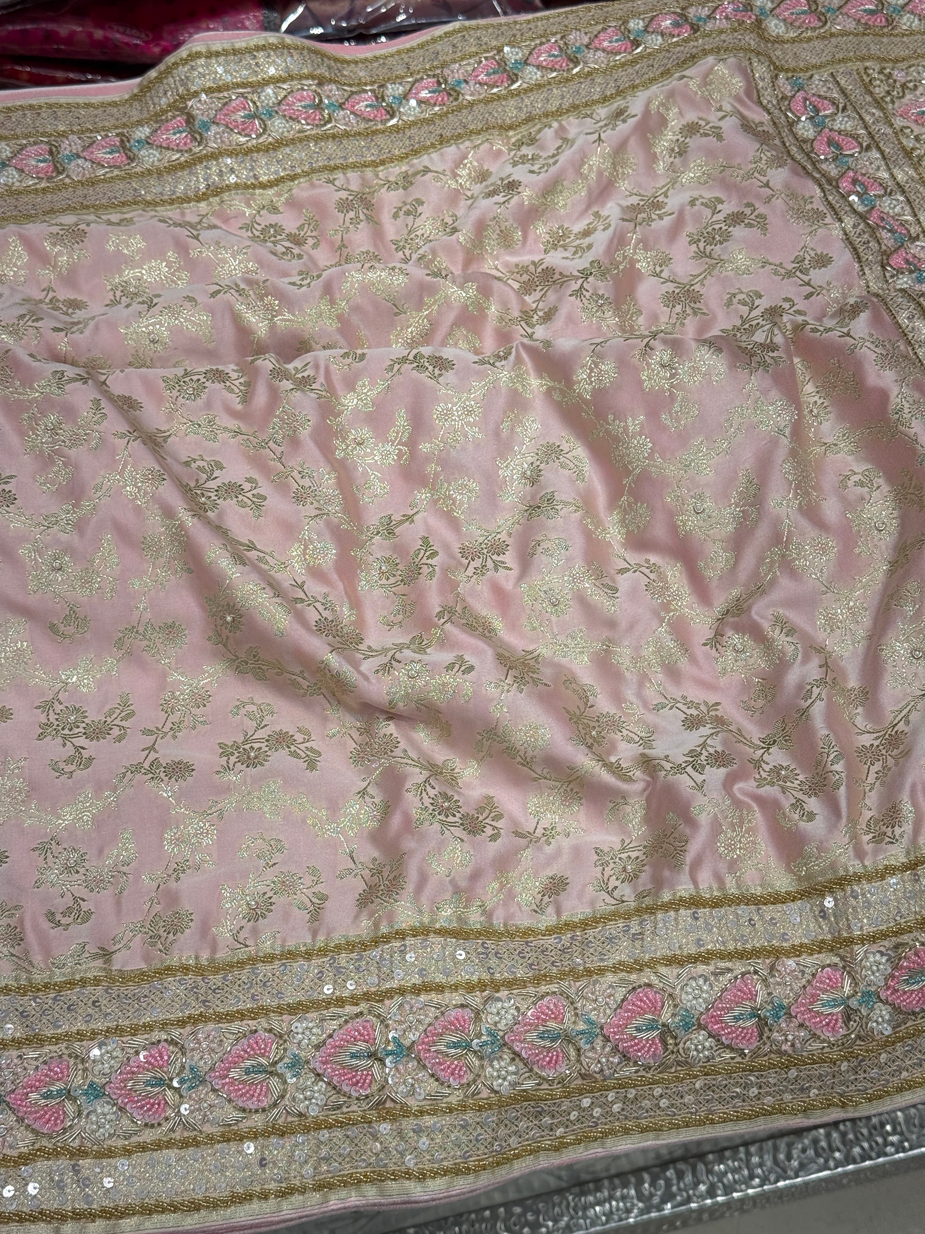 Pink Banarasi Silk Heart Border Fancy Hand Embroidery Saree