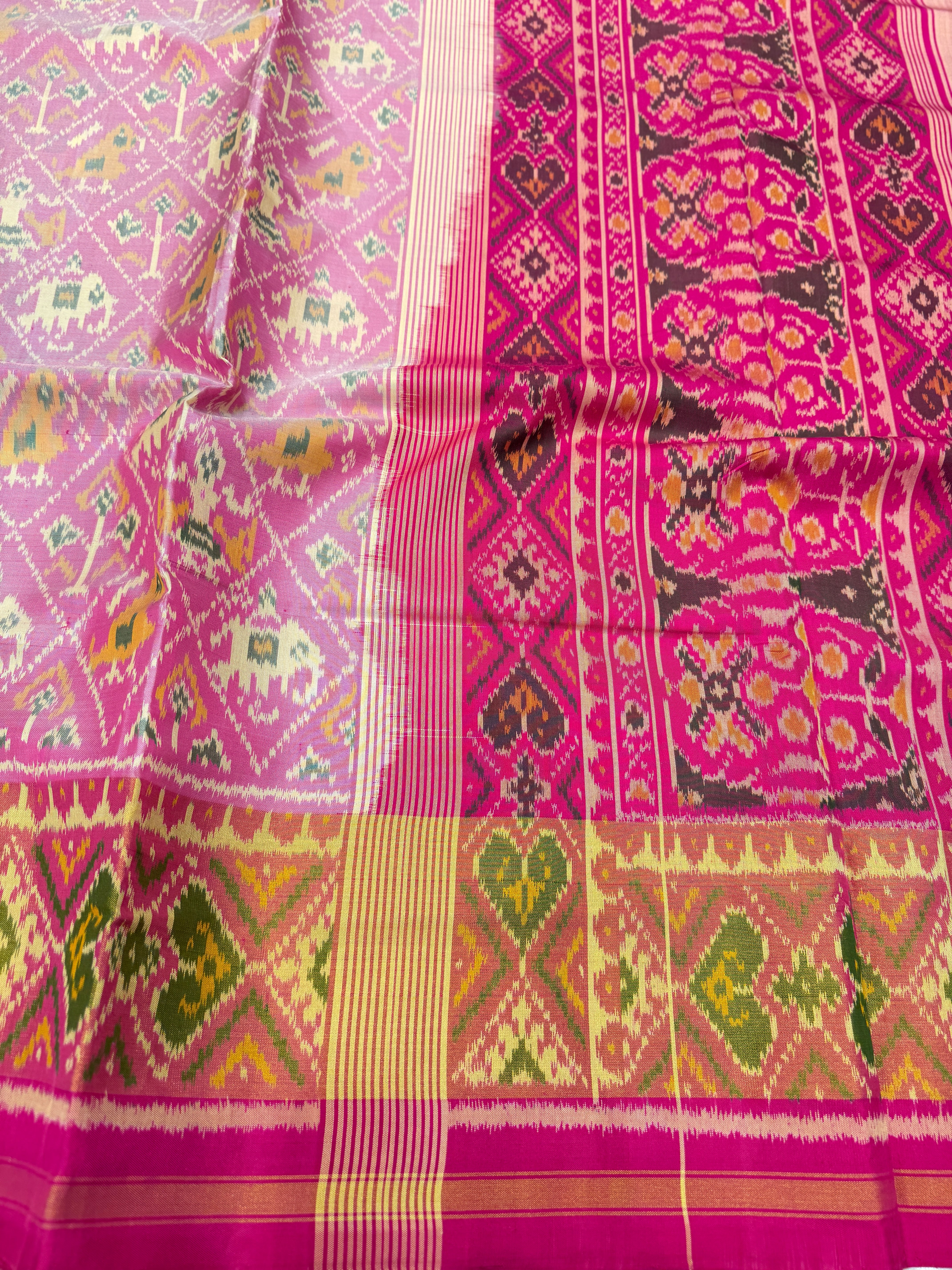 White Pink Elephant Chabdi Handloom Rajot Ikat Patola Silk Saree