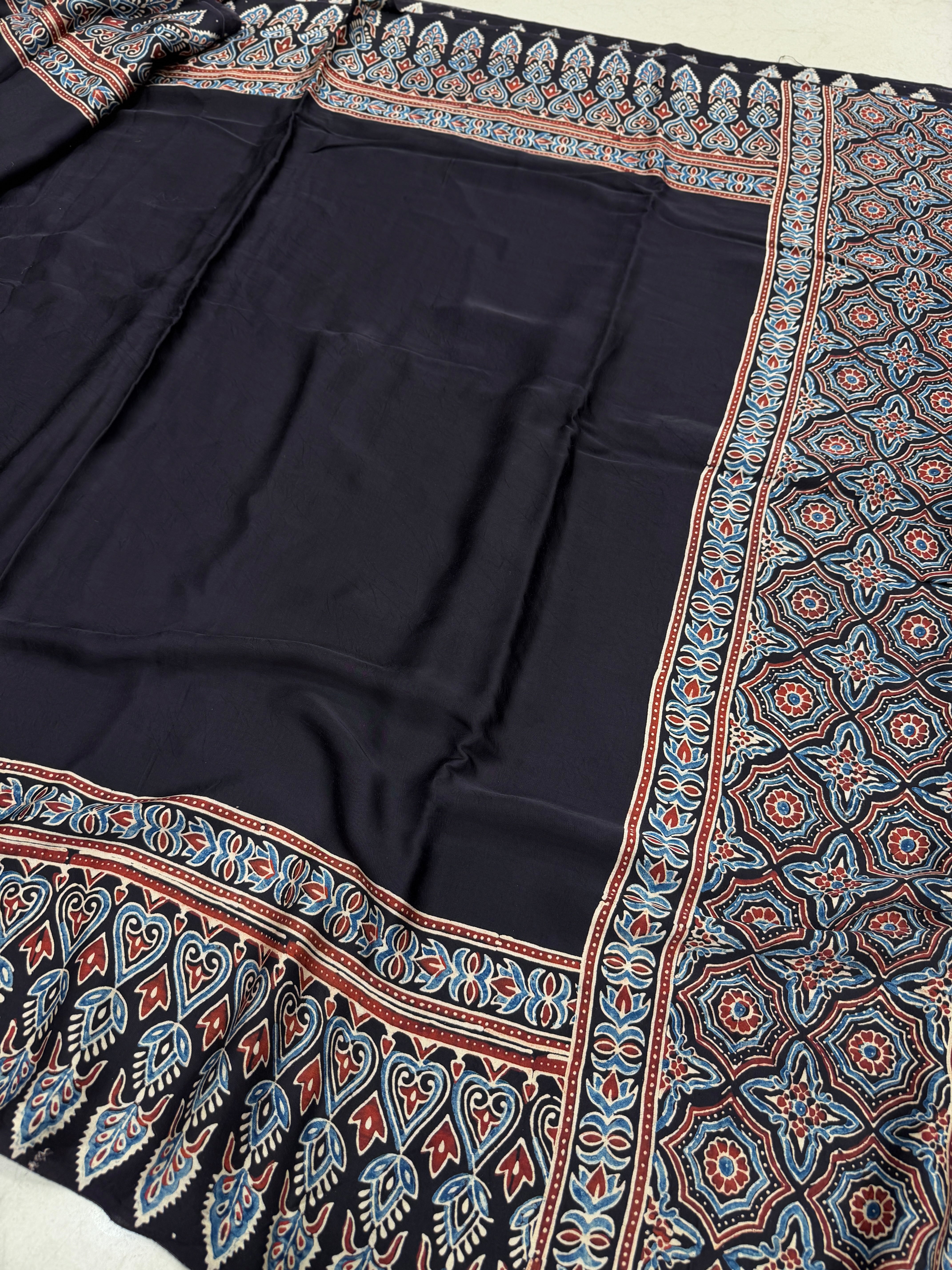 Black Plain Big Border Ajrakh Hand Block Print Pure Modal Silk Saree
