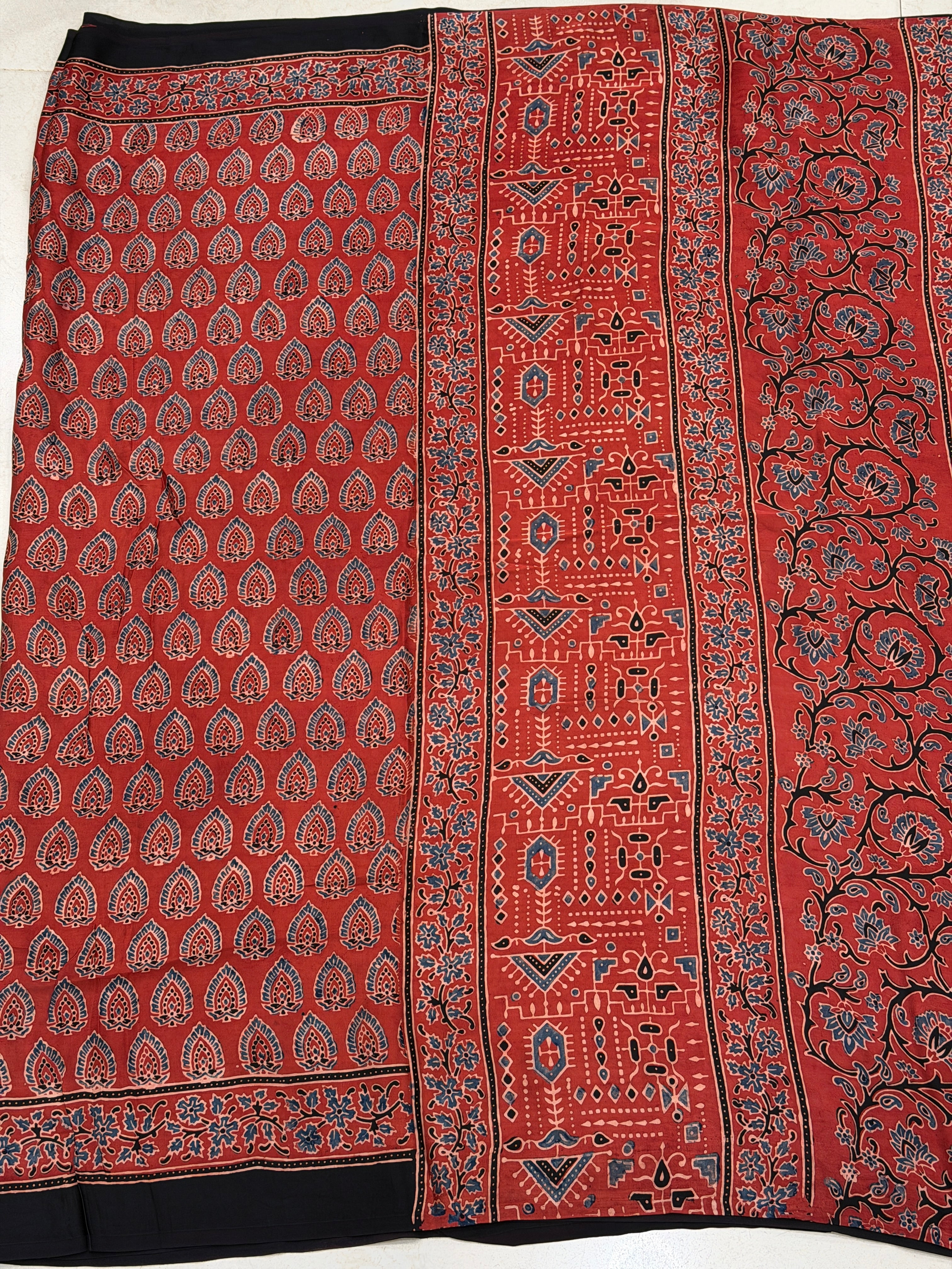 Red Sword Butti Ajrakh Hand Block Print Pure Modal Silk Saree