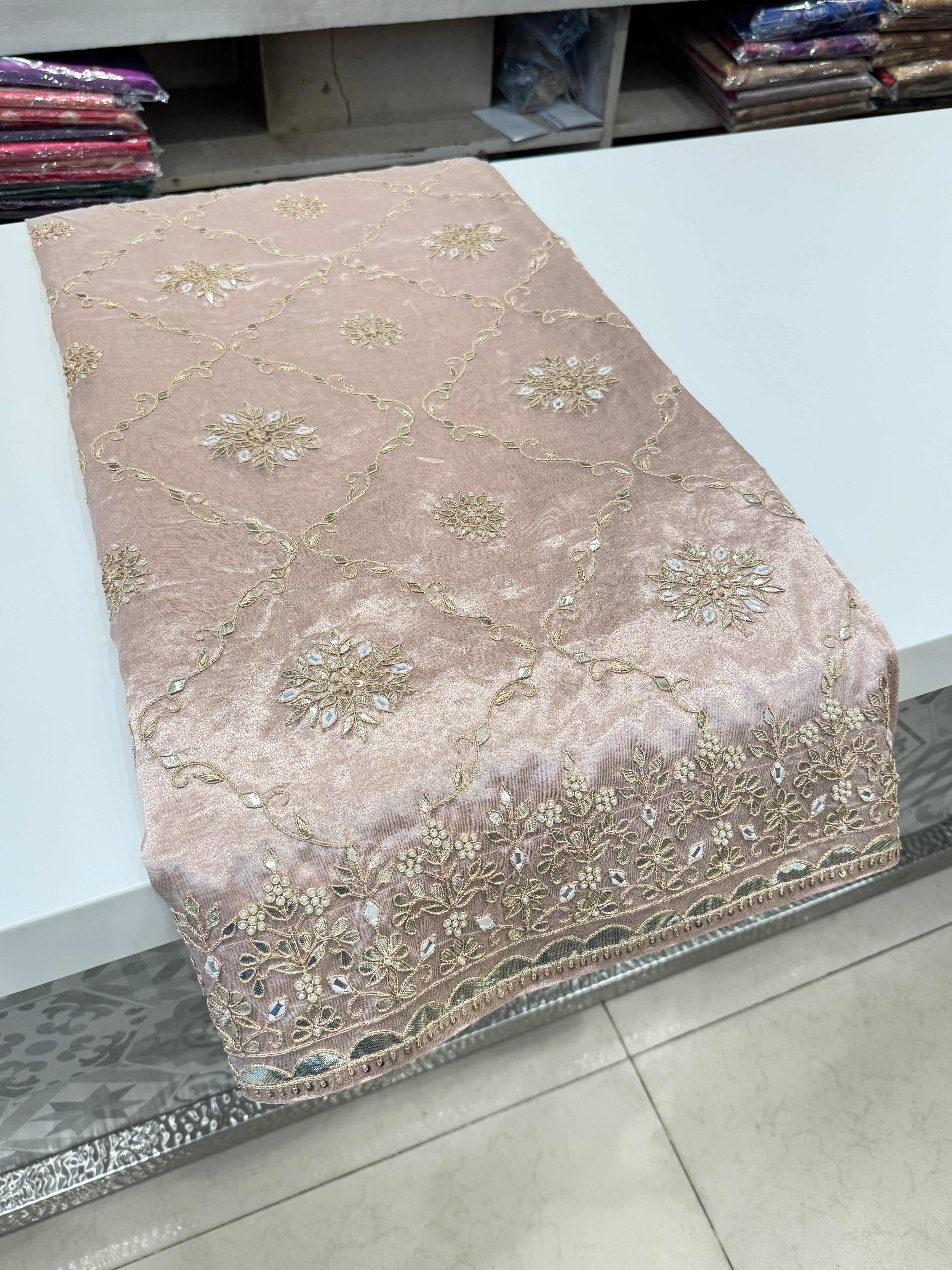 Banarasi Tissue Pink Gotapatti Zardosi Jaal Saree