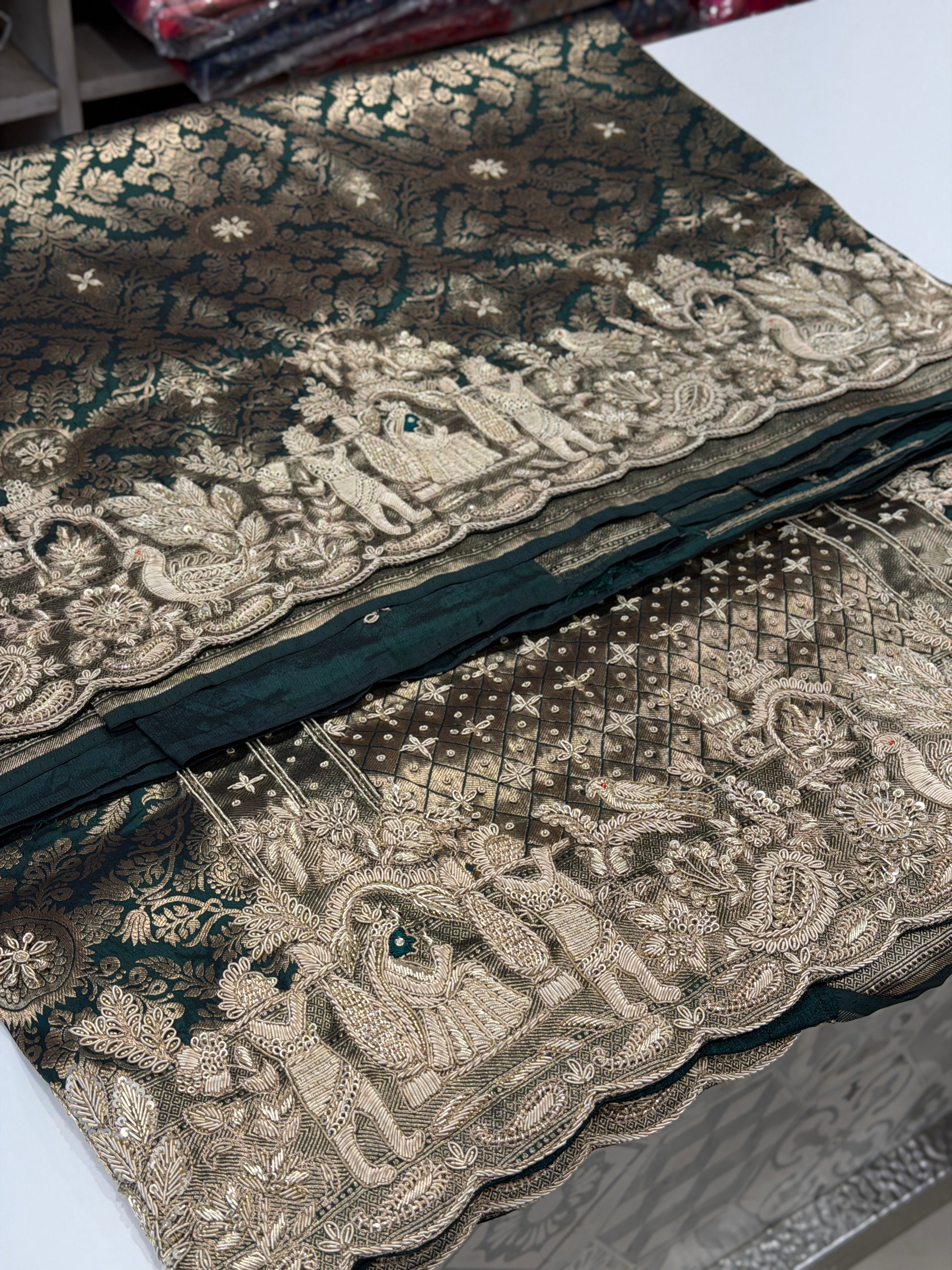 Bottle Green Handloom Banarasi Pure Katan Doli Zardosi Embroidery Saree