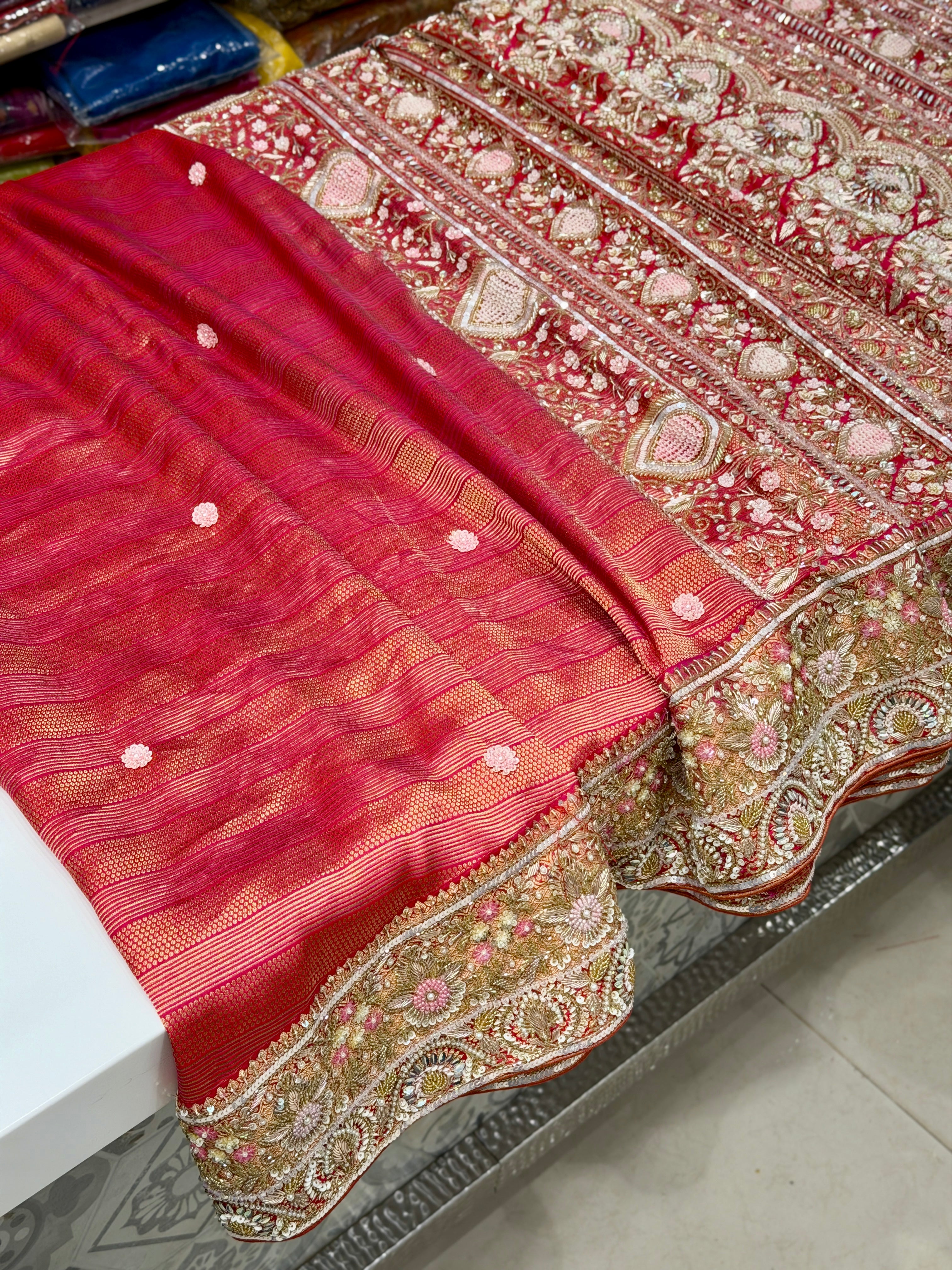 Rani Pink Kanjivaram Leheriya Weave Moti Zardosi Hand Embroidery Saree
