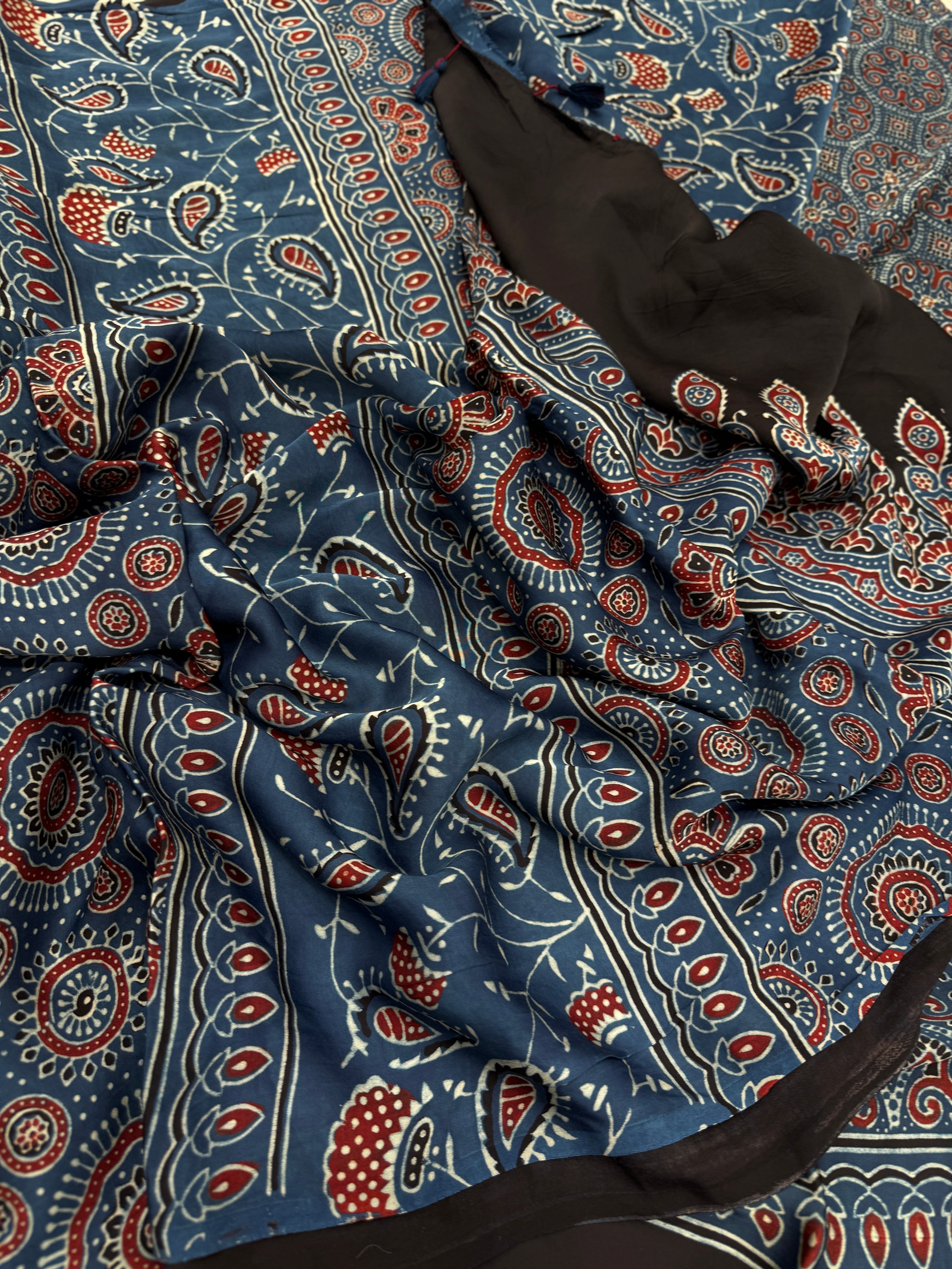 Blue Circle Badam Jaal Ajrakh Block Print Hand Pure Gajji Silk Saree
