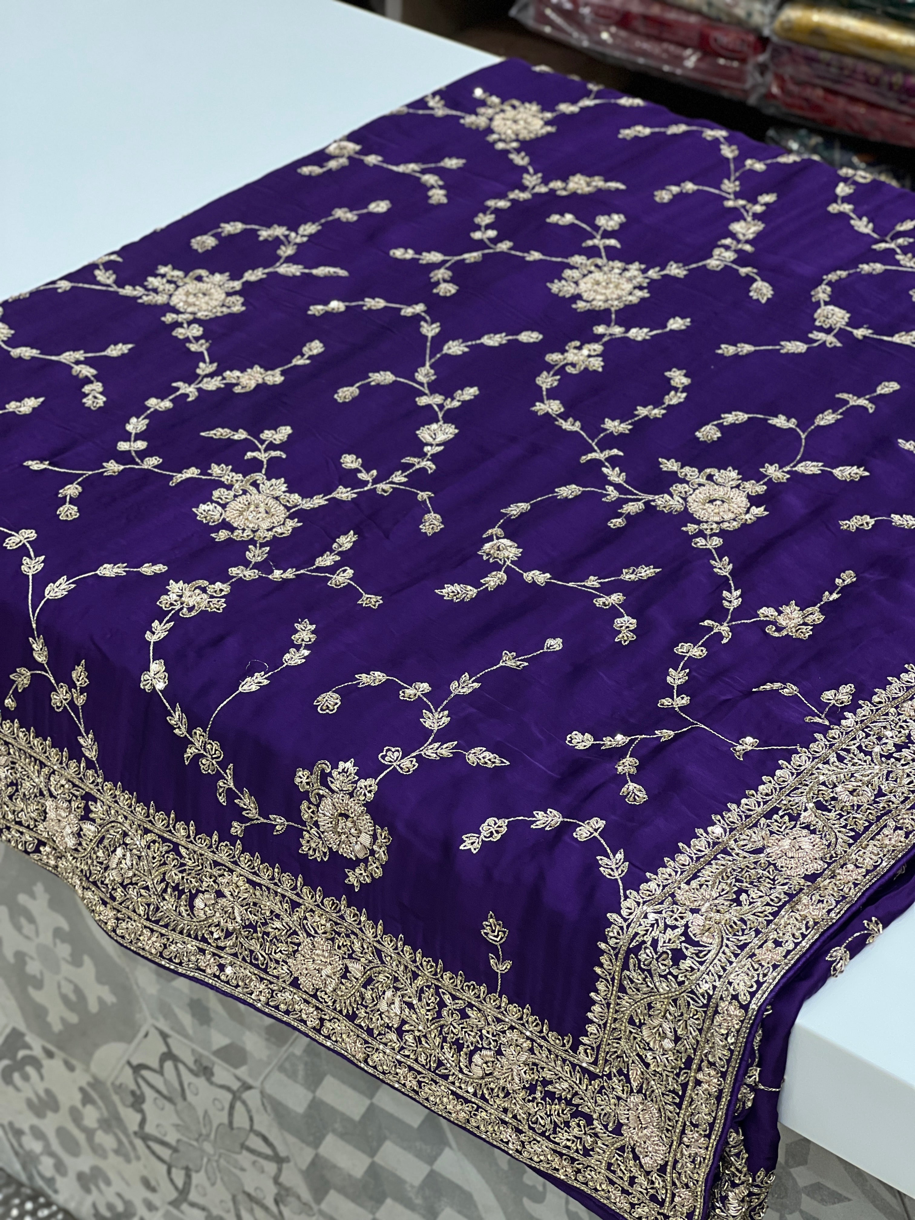 Violet Hand Embroidery Jaal Pure Satin Zardosi Embroidery