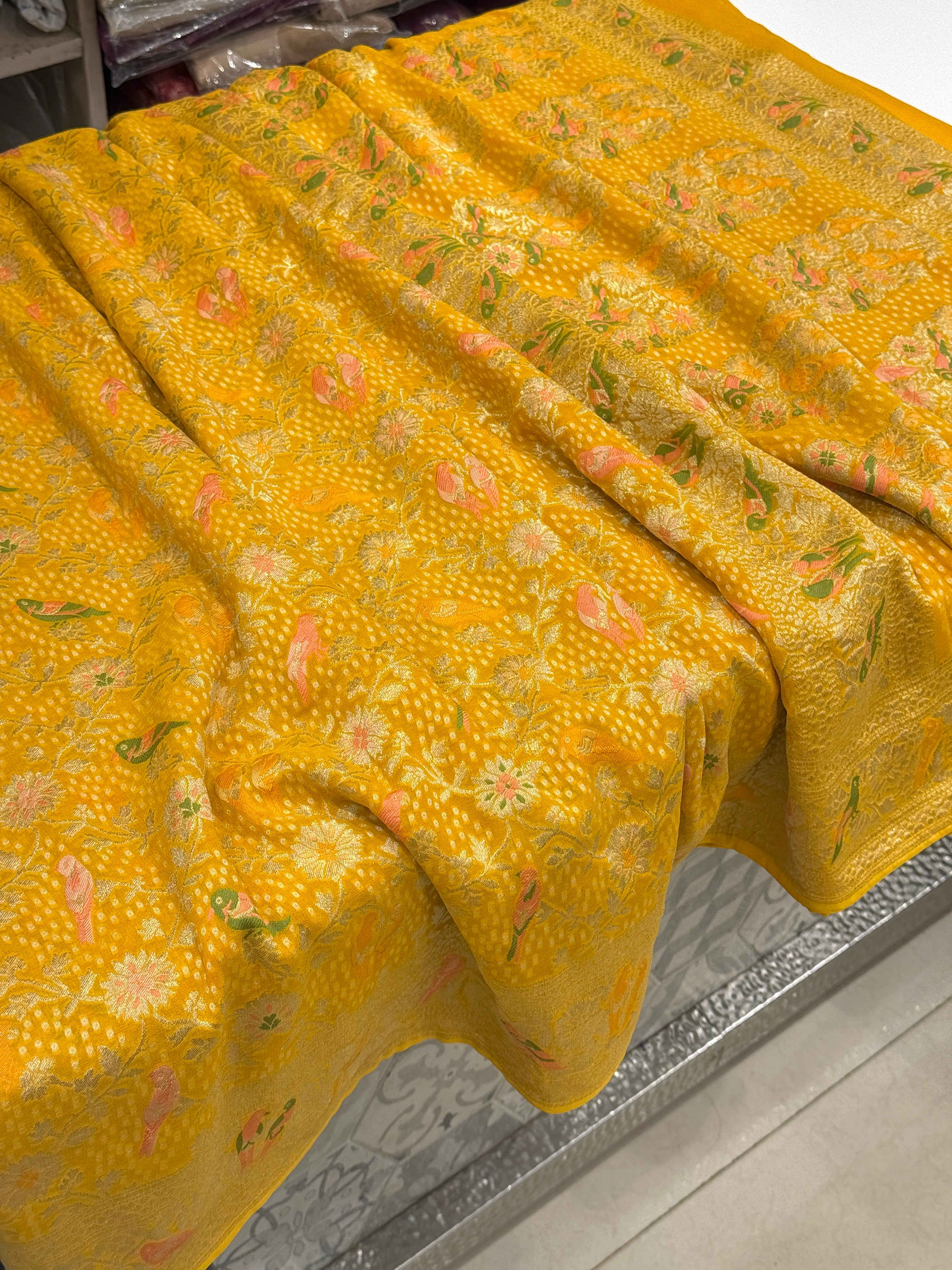 Yellow Woven Bandhej Meenakari Parrot Motif Saree