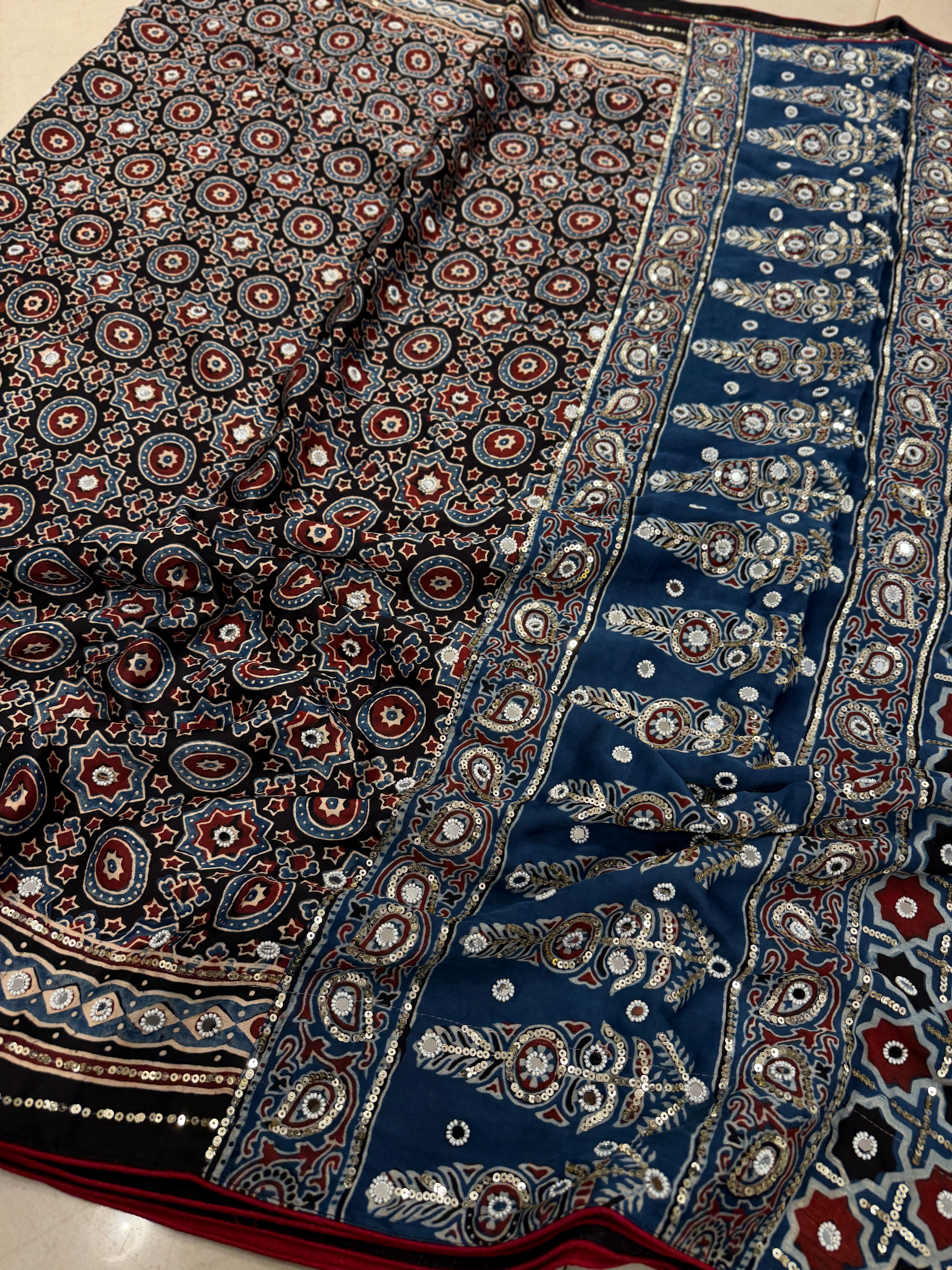 Black Ajrakh Jaal Moti Sequin Ajrakh Hand Embroidery Saree