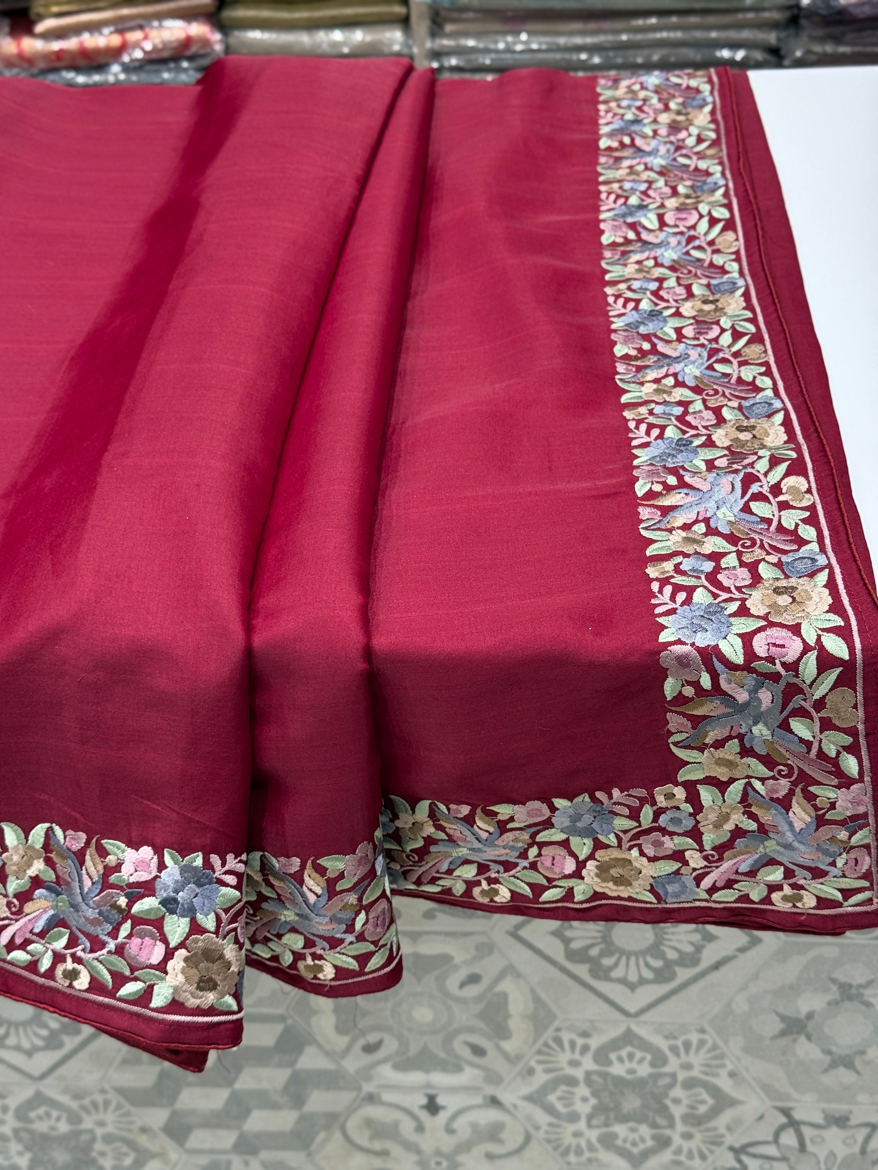 Maroon Silk Multi Colour Gara Border Saree