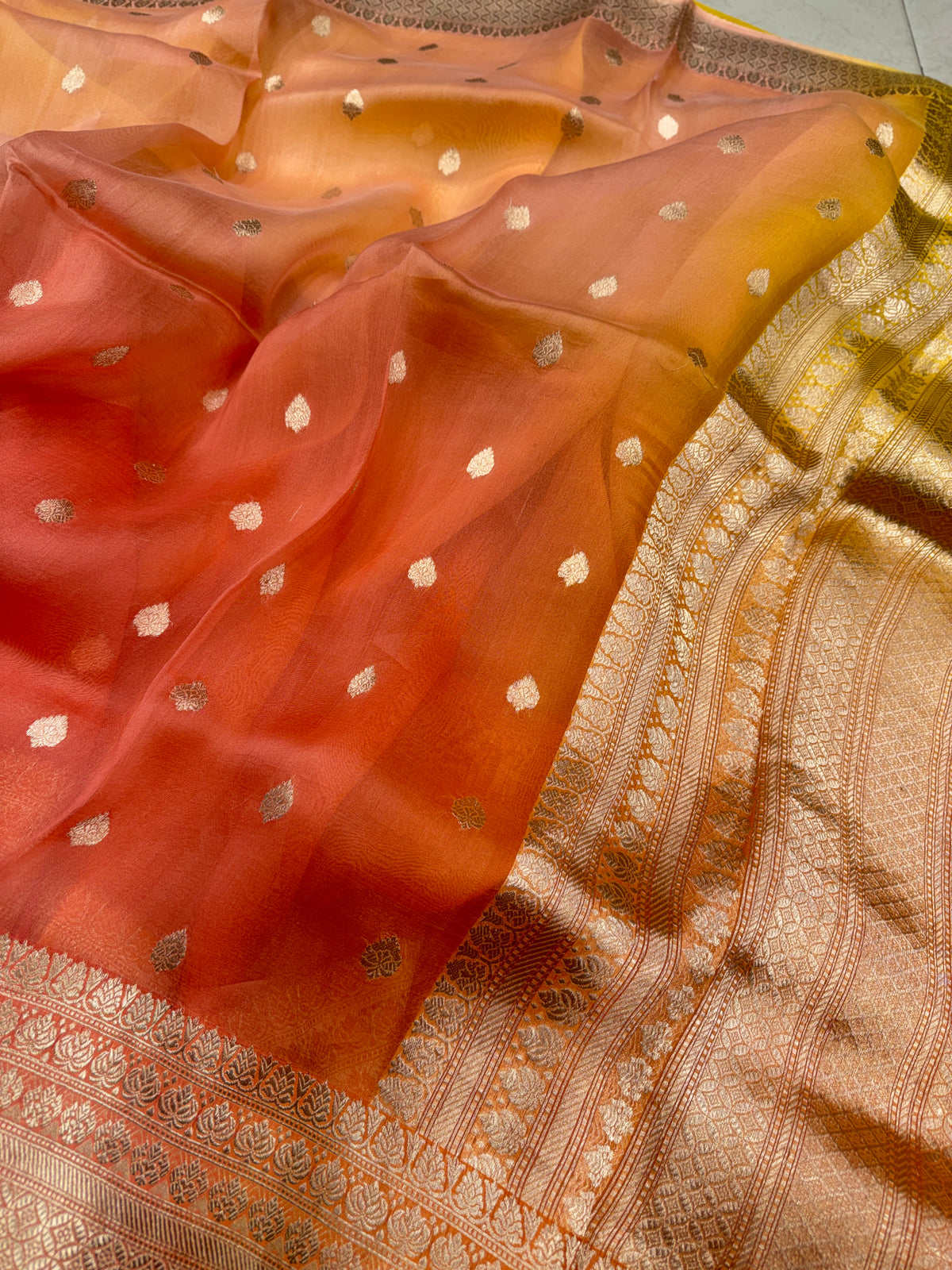 Orange Shaded Handloom Banarasi Kora Buttis Saree