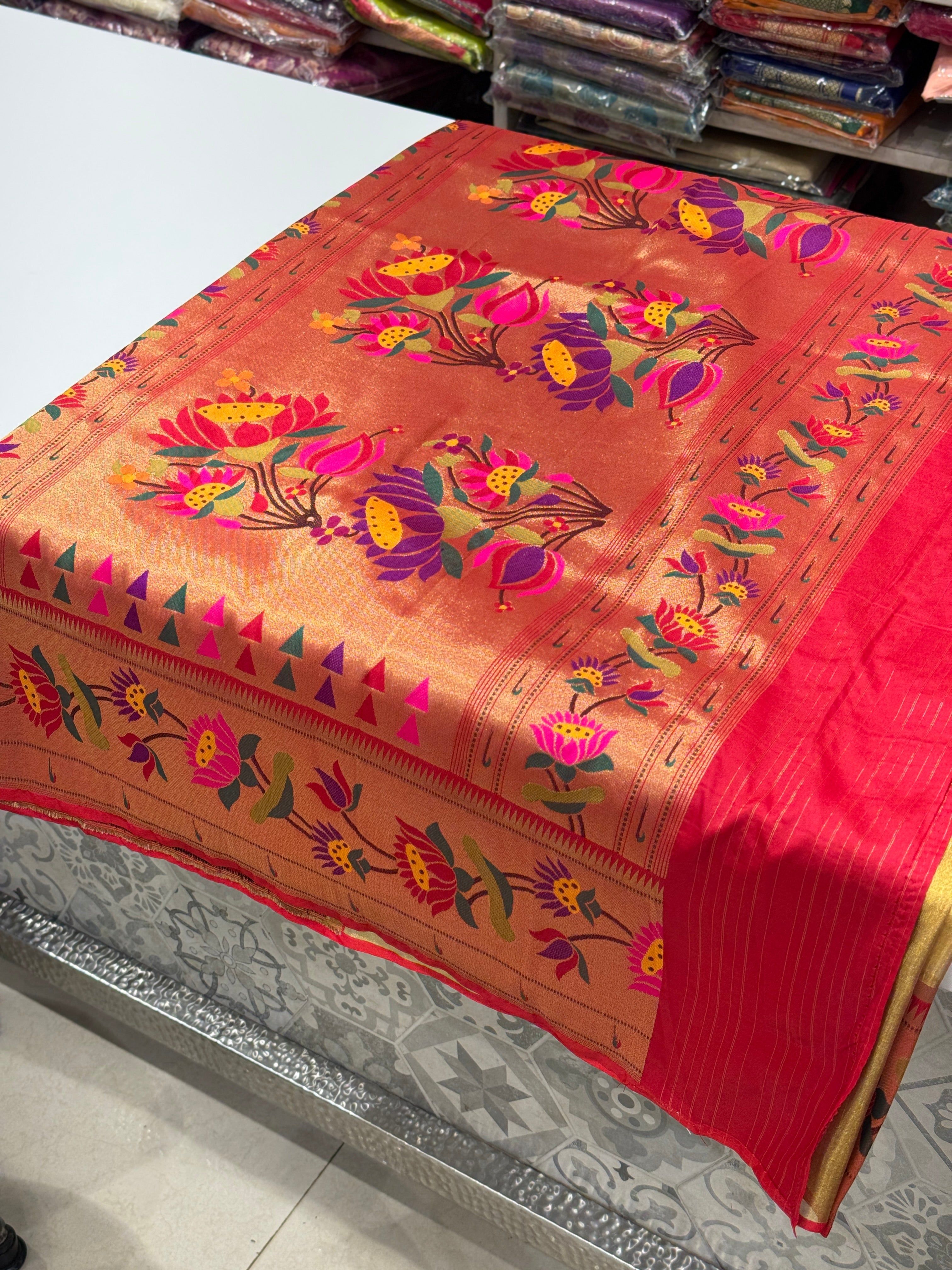 Gold Tissue Paithani Lotus Floral Border Saree