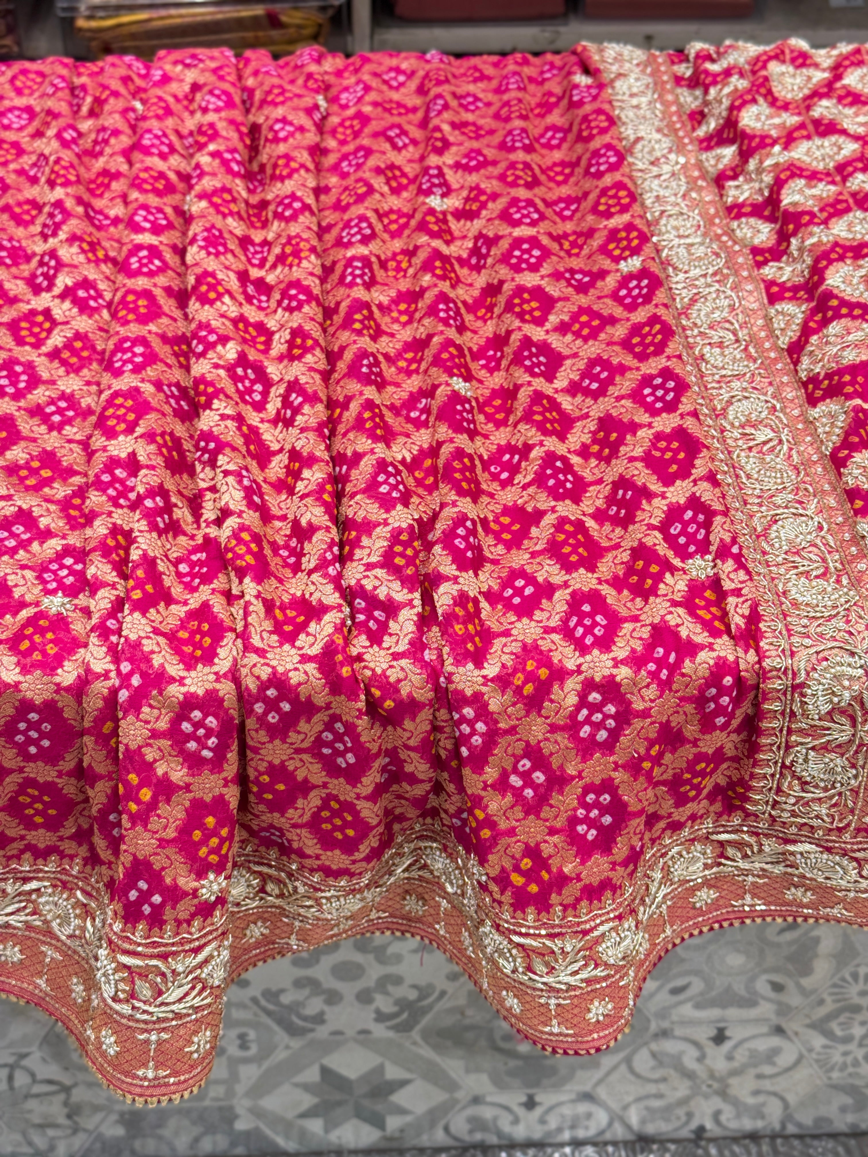 Rani Bandhej Zardosi Hand Embroidery Saree