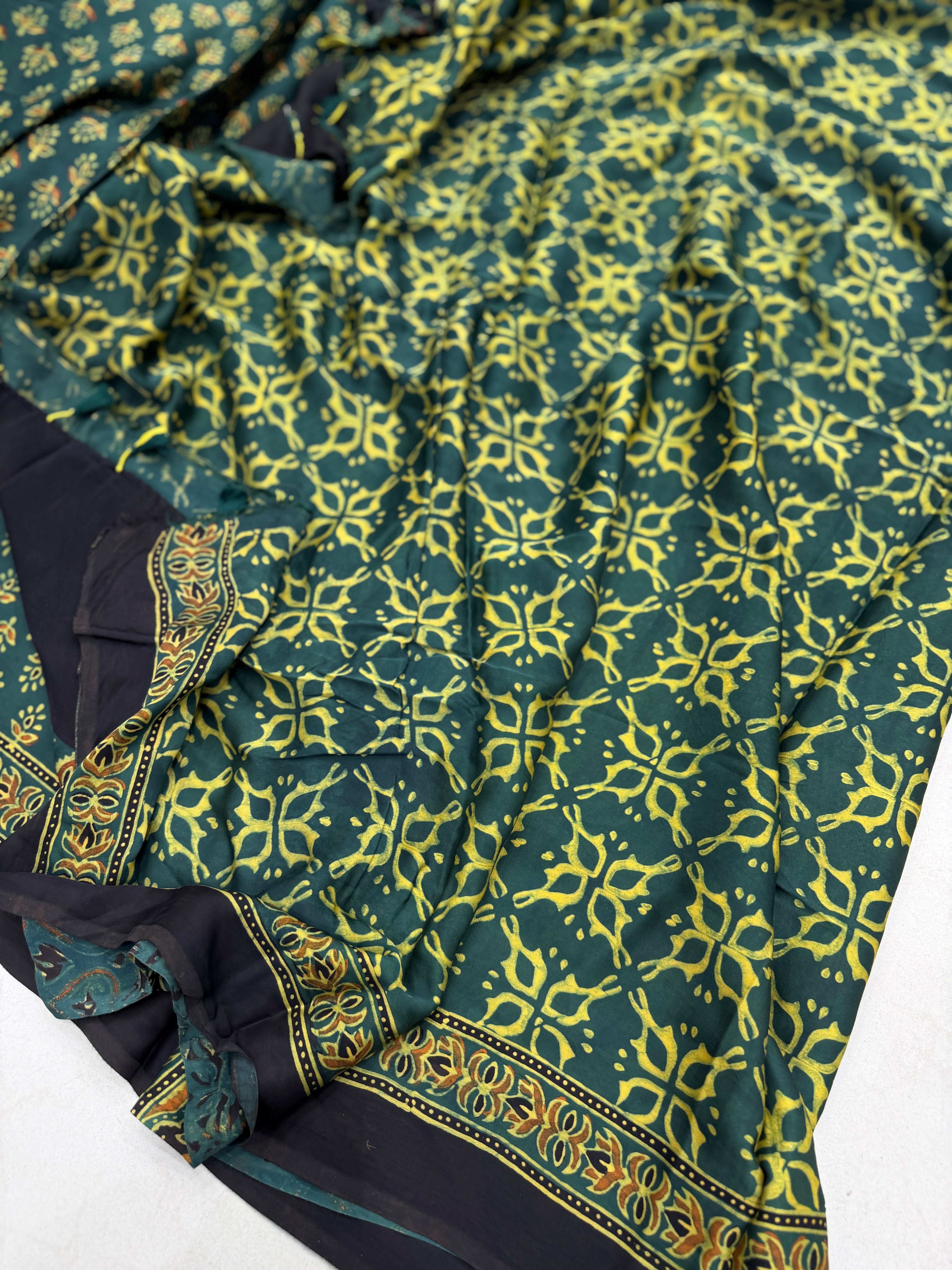 Green Buttis Ajrakh Hand Block Print Pure Gajji Silk Saree