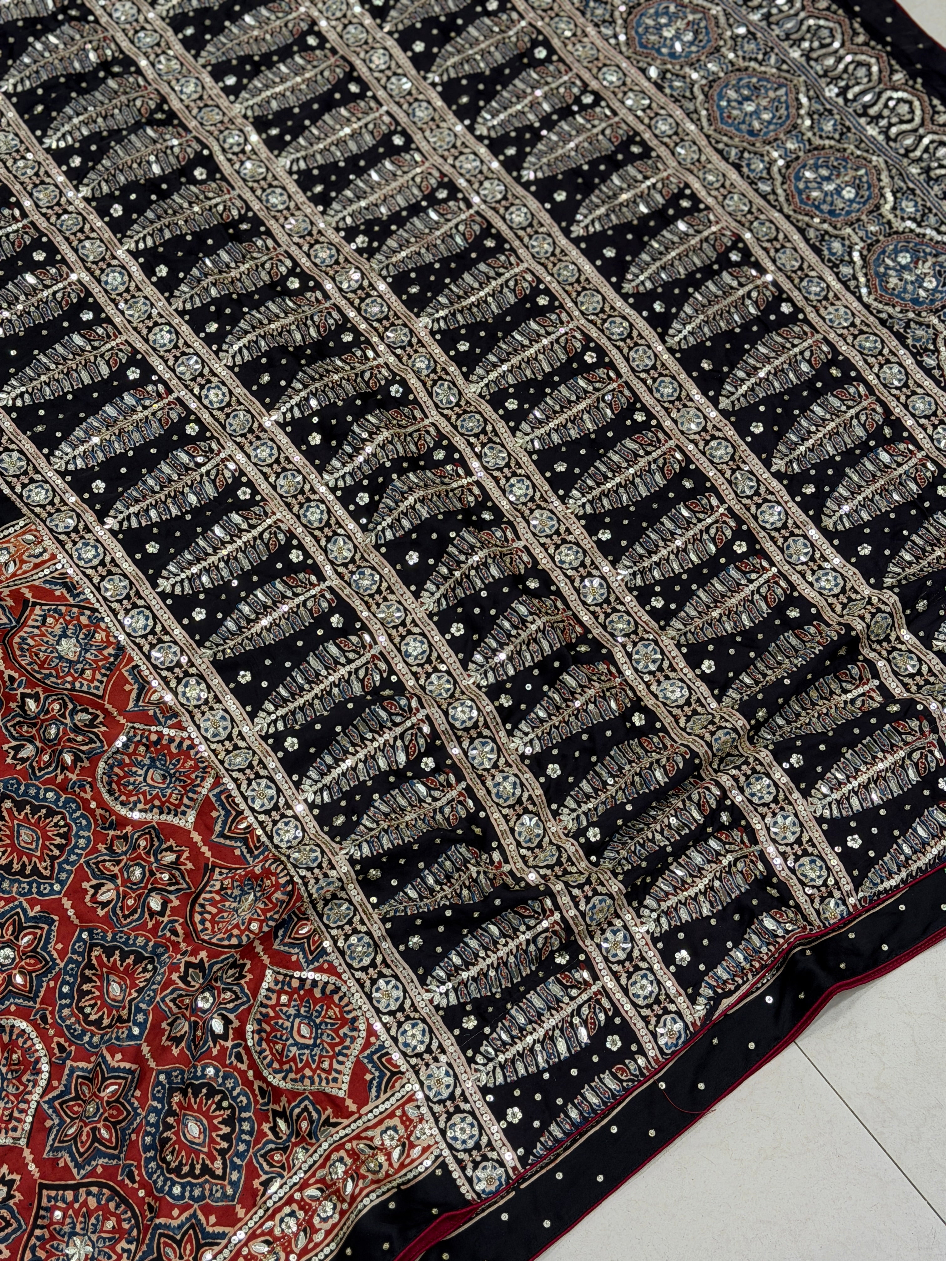 Red Black Badam Jaal Ajrakh Sequin Moti Hand Embroidery Saree