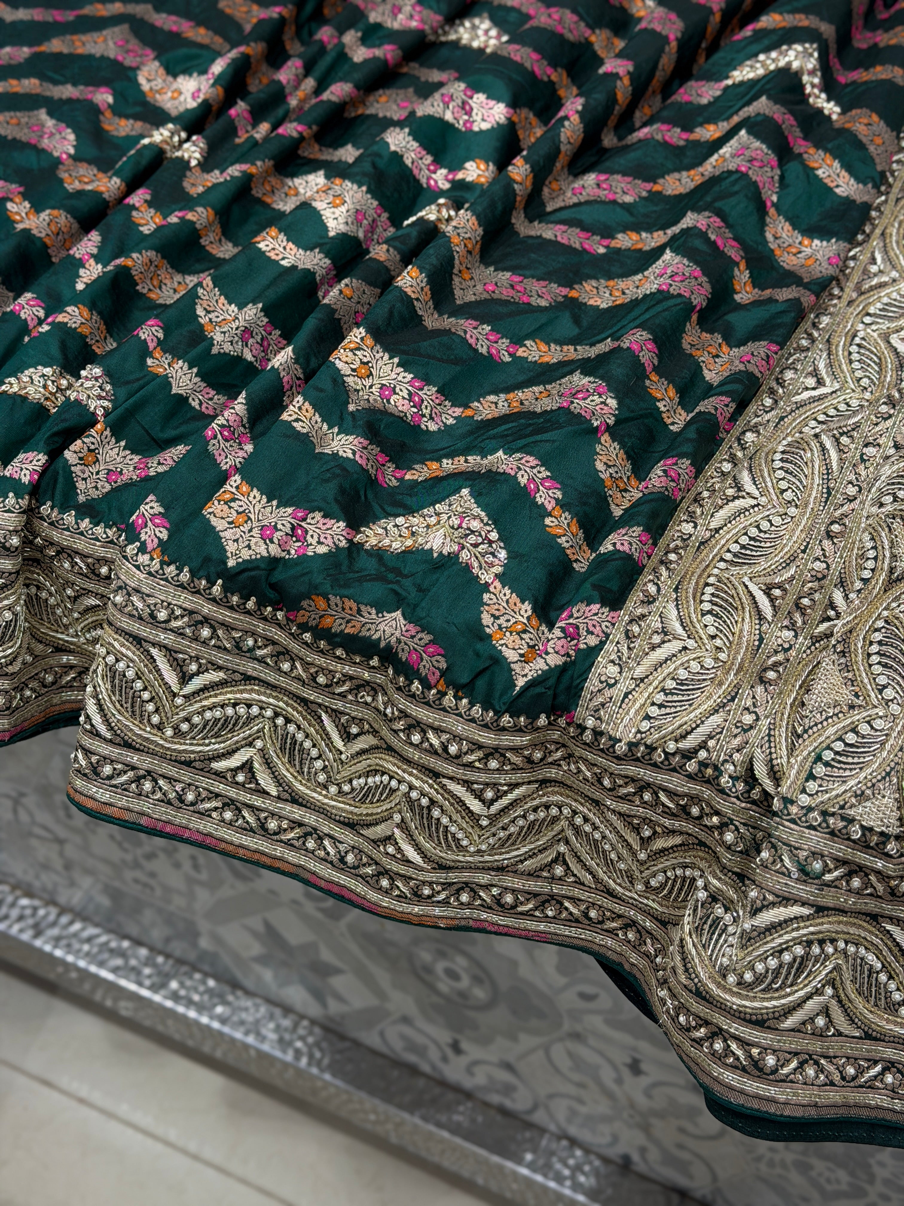 Bottle Green Meenakari Handloom Banarasi Katan Silk Zardosi Hand Embroidery Saree