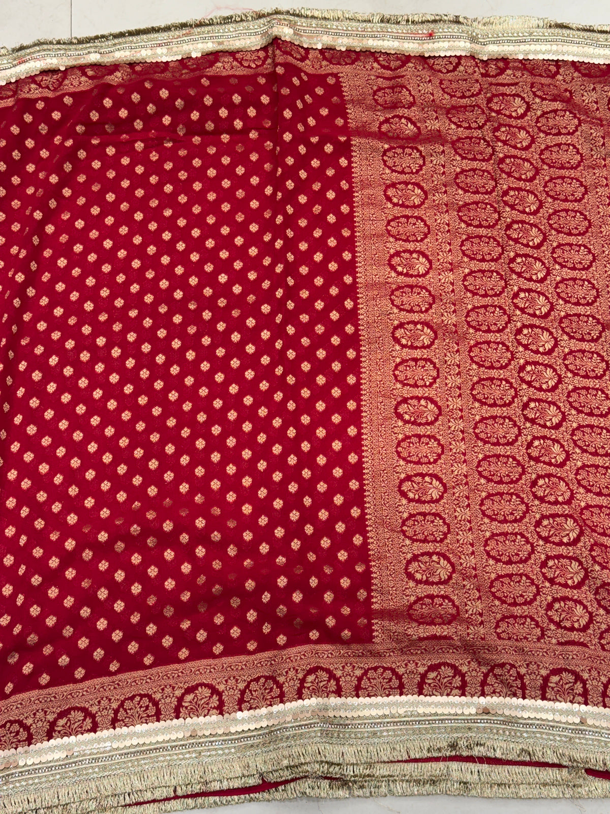Red Banarasi Khaddi Georgette Buttis Maharani Lace Saree