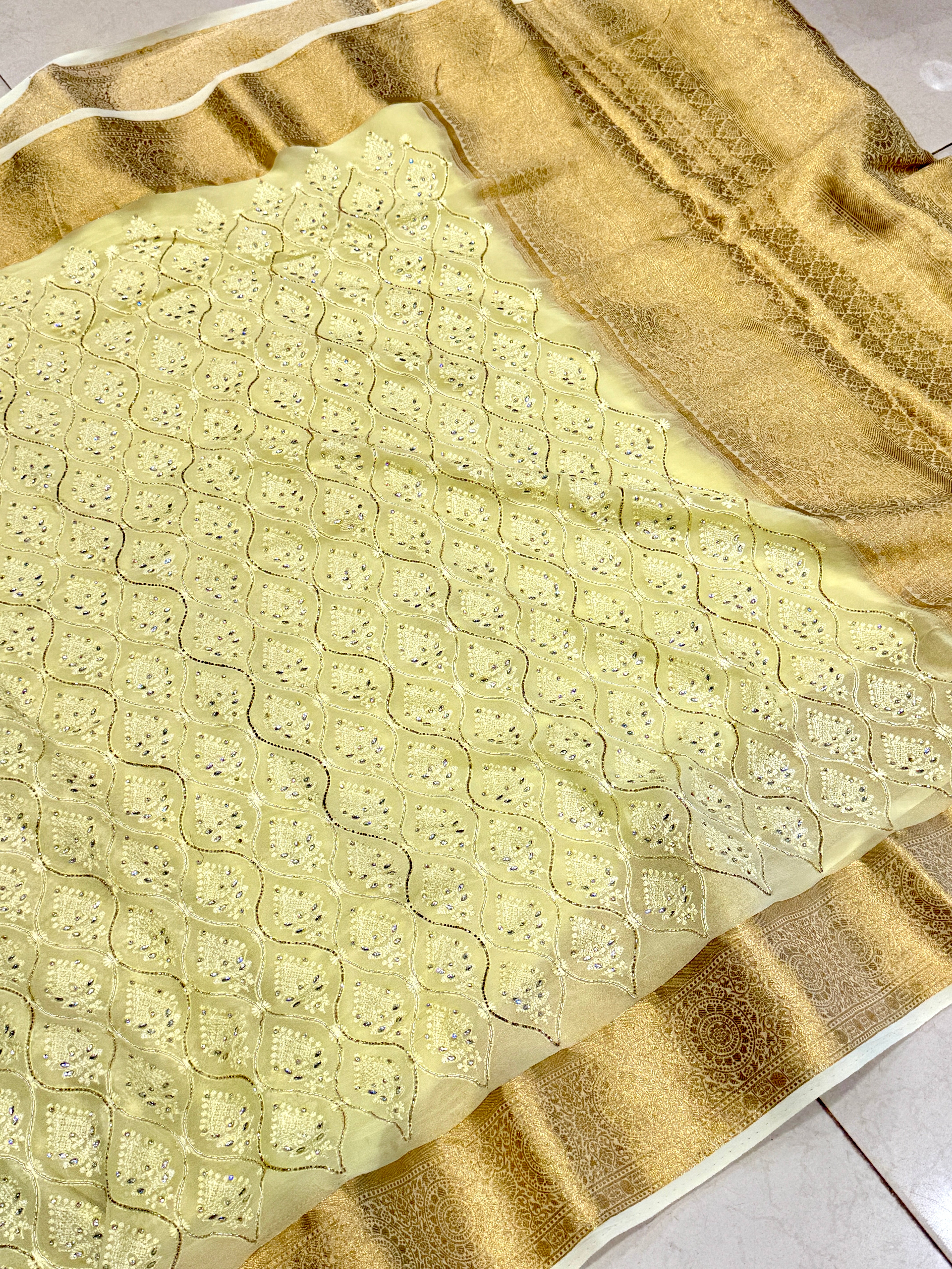 Yellow Chikankari Kanchi Style Hand Embroidery Saree