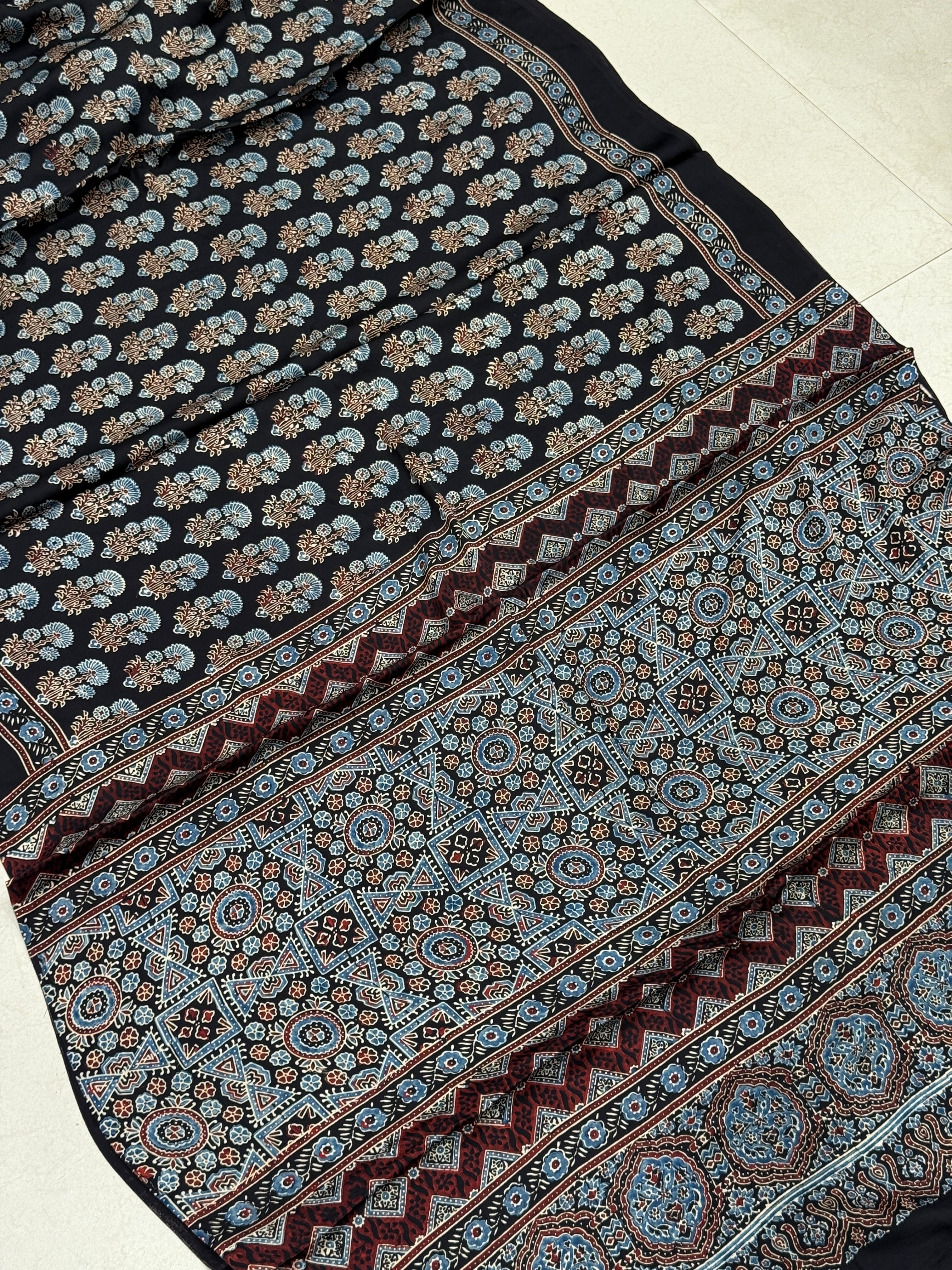 Black Big Buttis Ajrakh Block Print Hand Pure Gajji Silk Saree