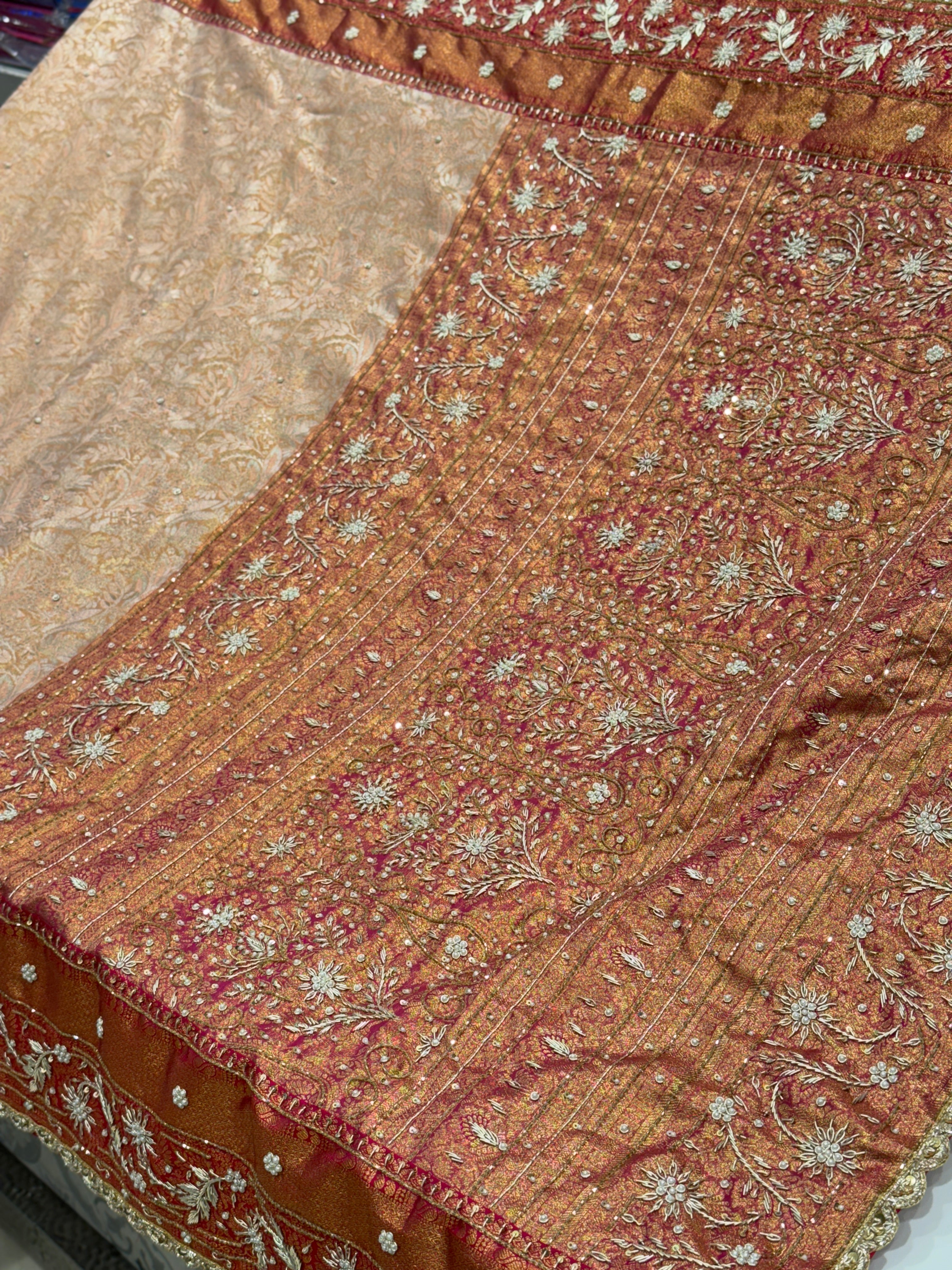Peach Tissue Kanjivaram Hand Embroidery Saree