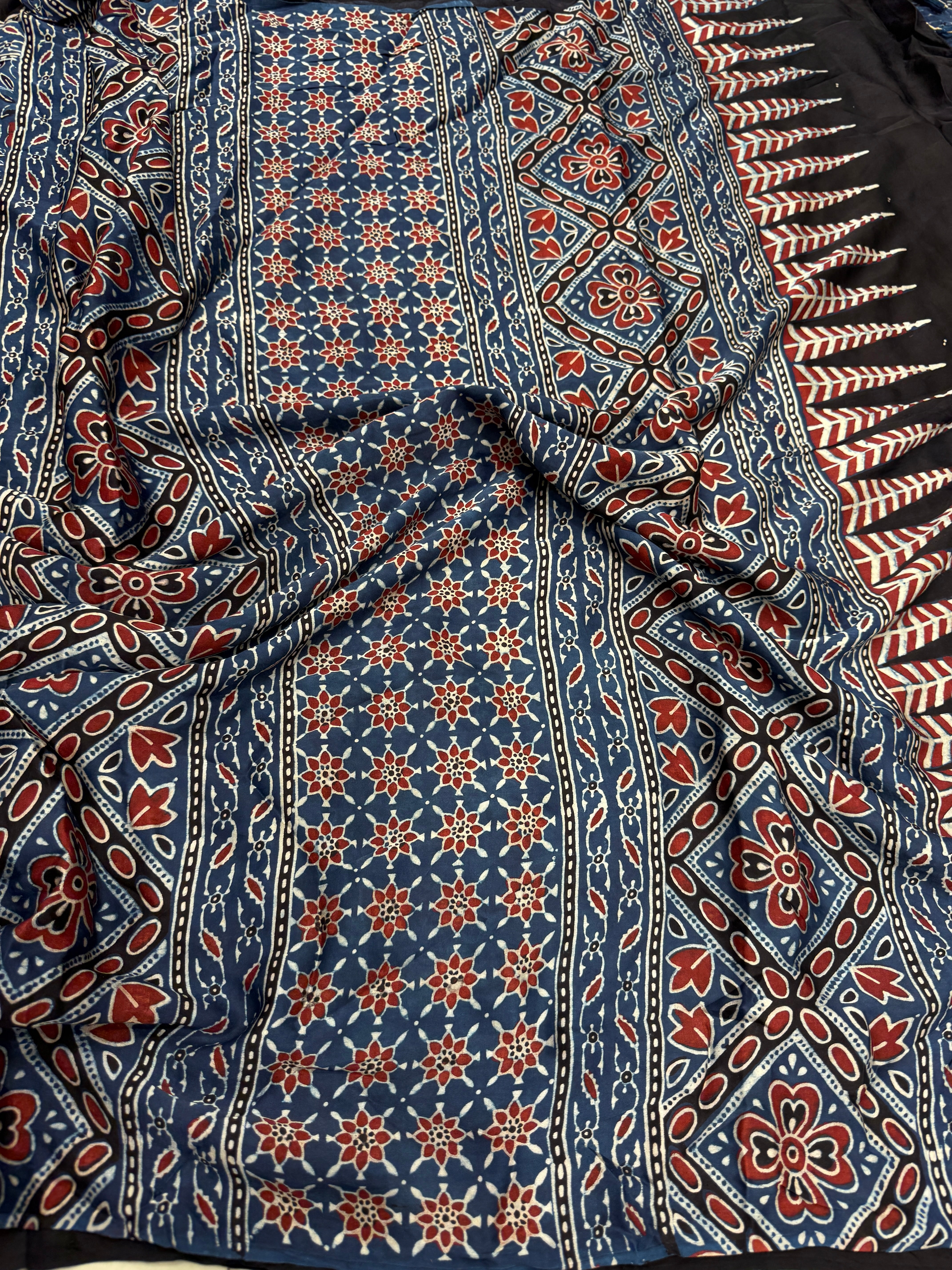 Blue Rose Ajrakh Hand Block Print Pure Gajji Silk Saree