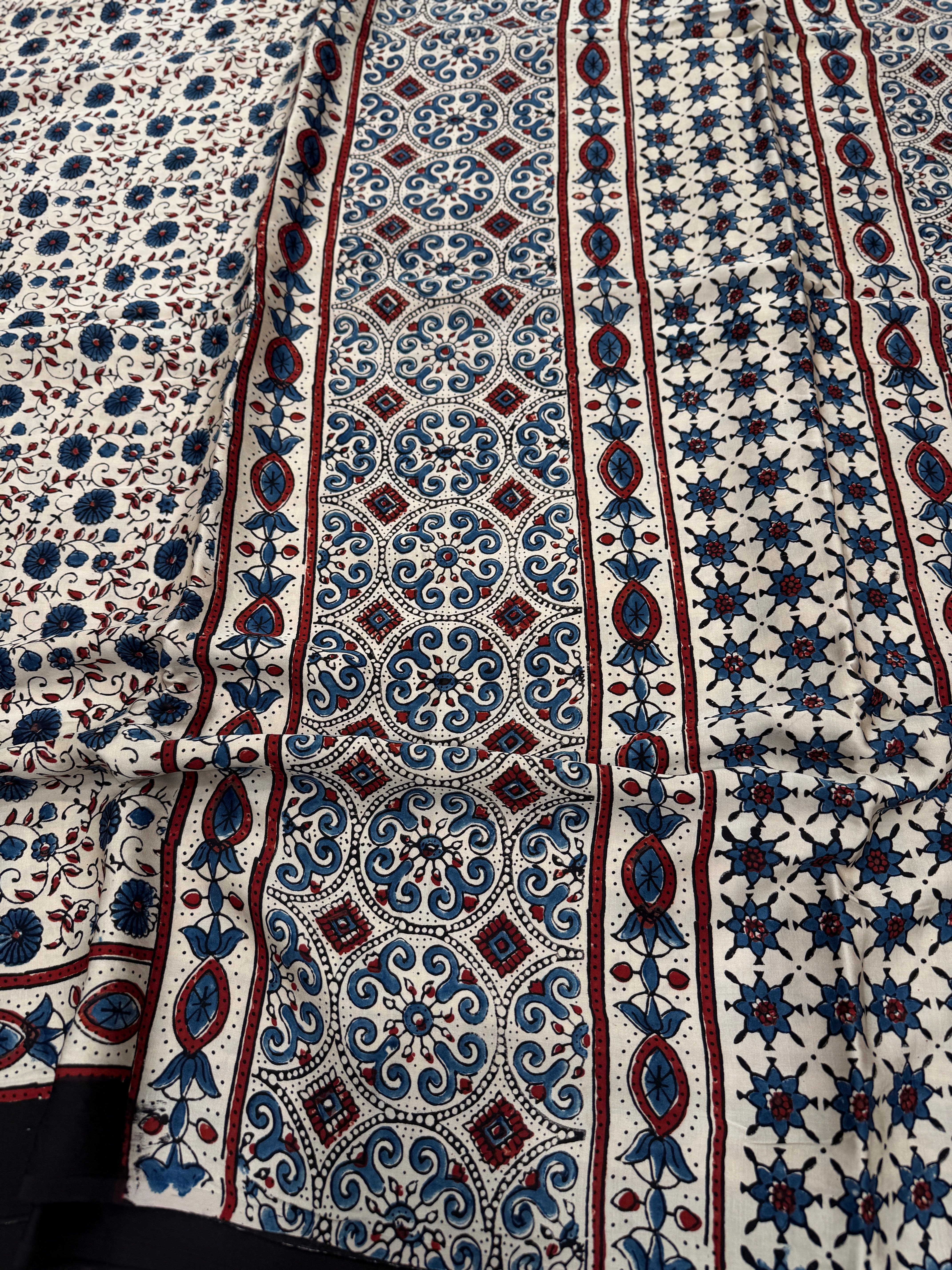 White Blue Flower Jaal Ajrakh Hand Block Print Pure Modal Silk Saree